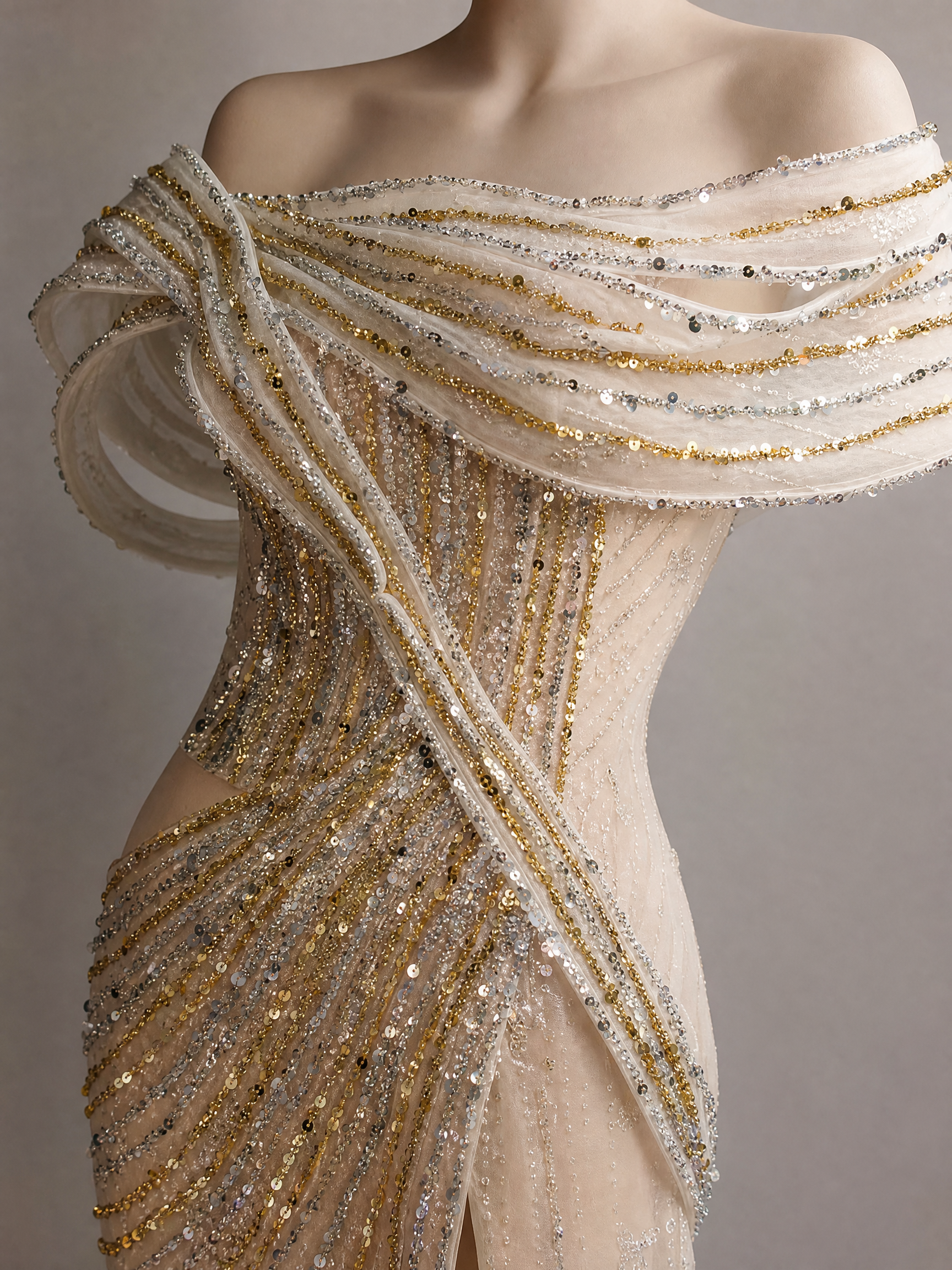 Ivory Beaded Train Statement Evening Gown — couture detail view (source SKU-054) — reviewed generated product image
