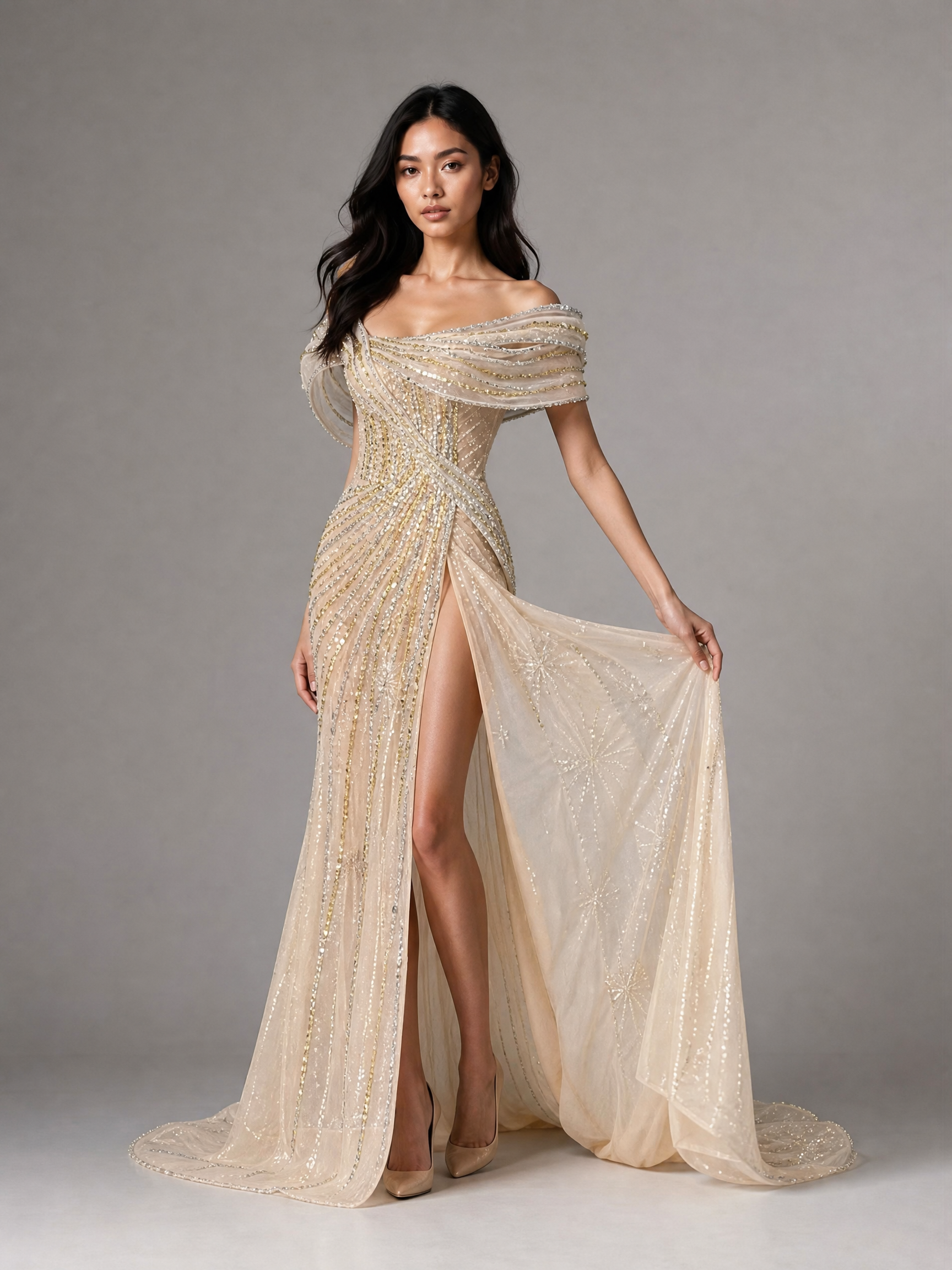 Ivory Beaded Train Statement Evening Gown — hem and train detail view (source SKU-054) — reviewed generated product image
