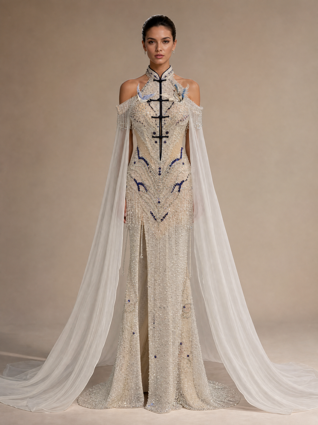 Ivory Cape Patterned Evening Gown — front full-length hero view (source SKU-058) — reviewed generated product image