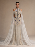 Ivory Cape Patterned Evening Gown — front full-length hero view (source SKU-058) — reviewed generated product image