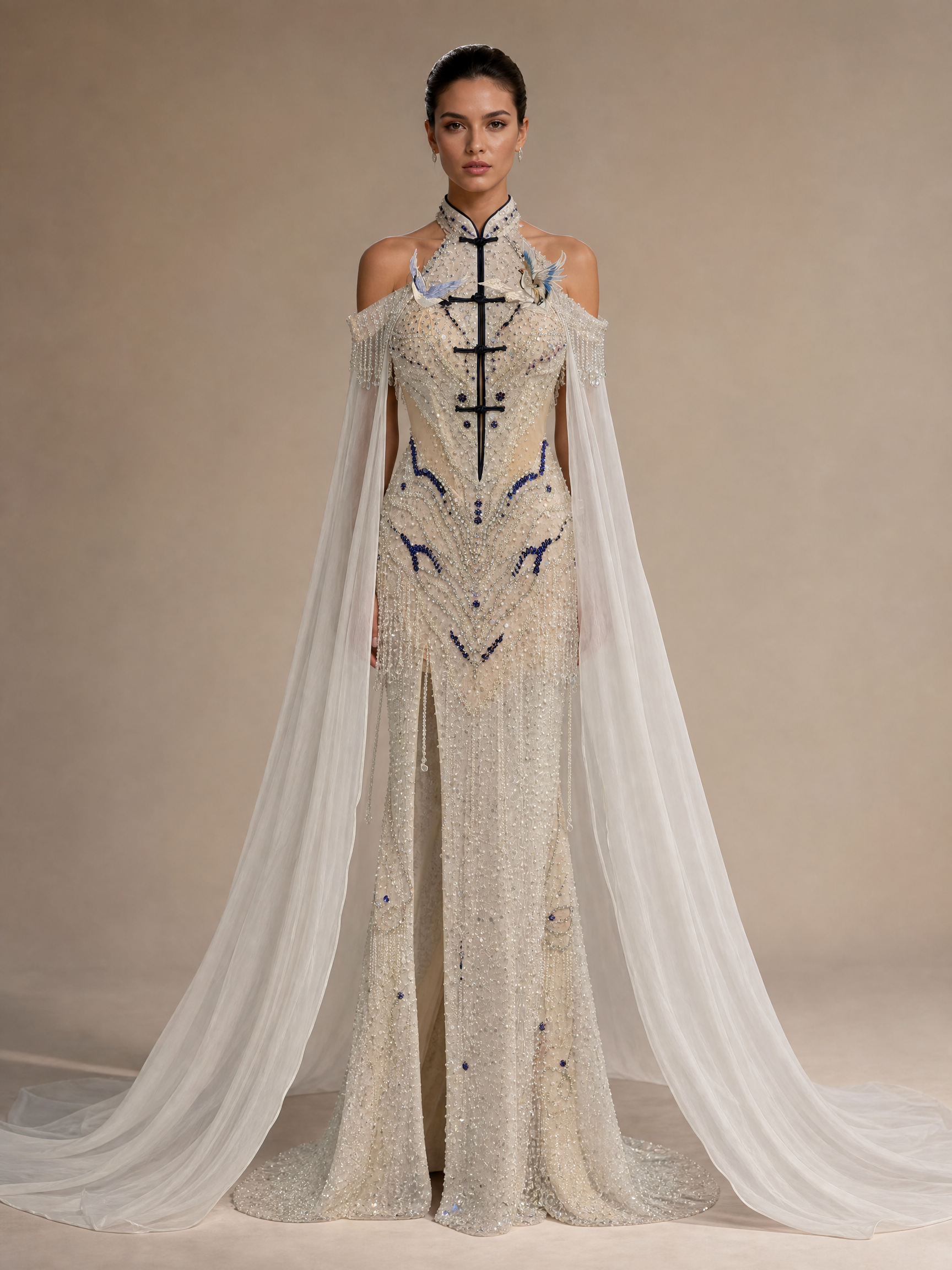Ivory Cape Patterned Evening Gown — front full-length hero view (source SKU-058) — reviewed generated product image