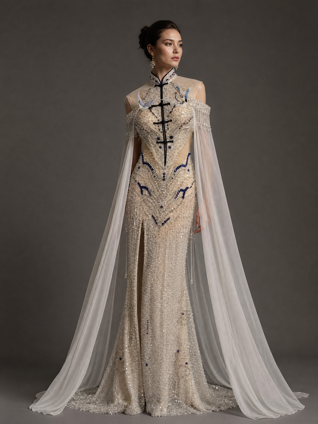 Ivory Cape Patterned Evening Gown — three-quarter view (source SKU-058) — reviewed generated product image