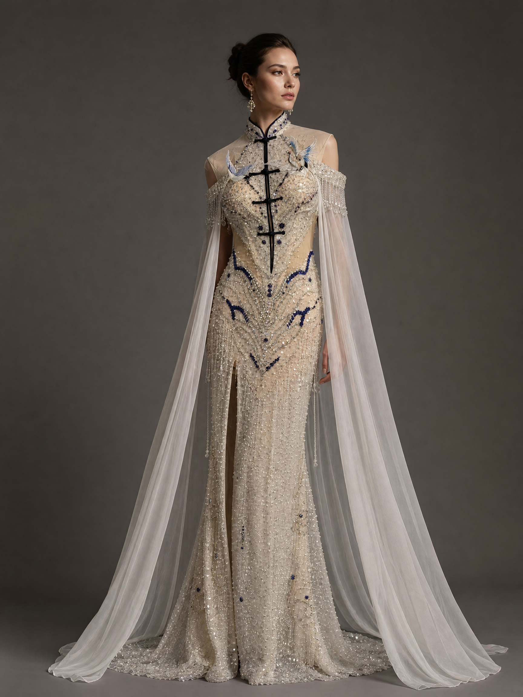 Ivory Cape Patterned Evening Gown — three-quarter view (source SKU-058) — reviewed generated product image