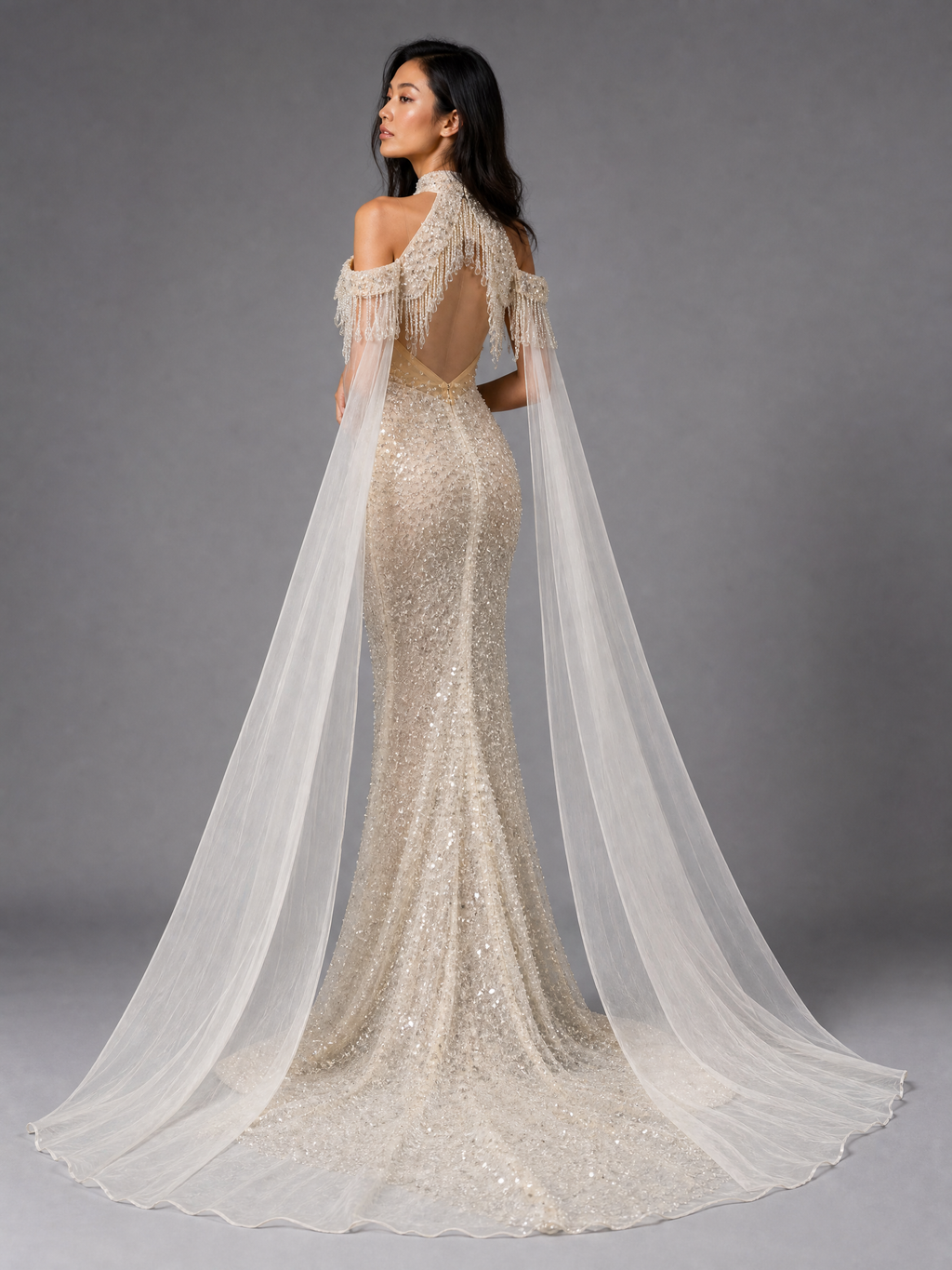 Ivory Cape Patterned Evening Gown — side or back view (source SKU-058) — reviewed generated product image