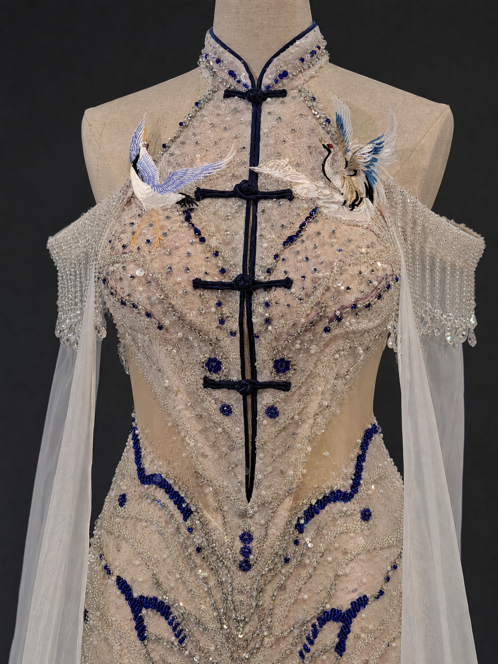 Ivory Cape Patterned Evening Gown — couture detail view (source SKU-058) — reviewed generated product image