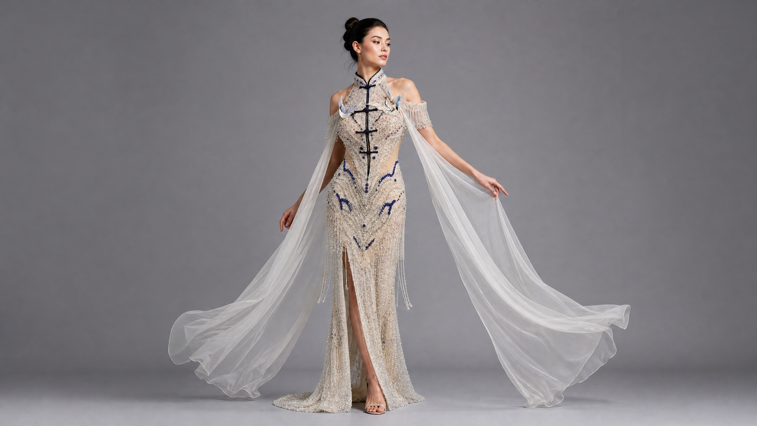 Ivory Cape Patterned Evening Gown — hem and train detail view (source SKU-058) — reviewed generated product image