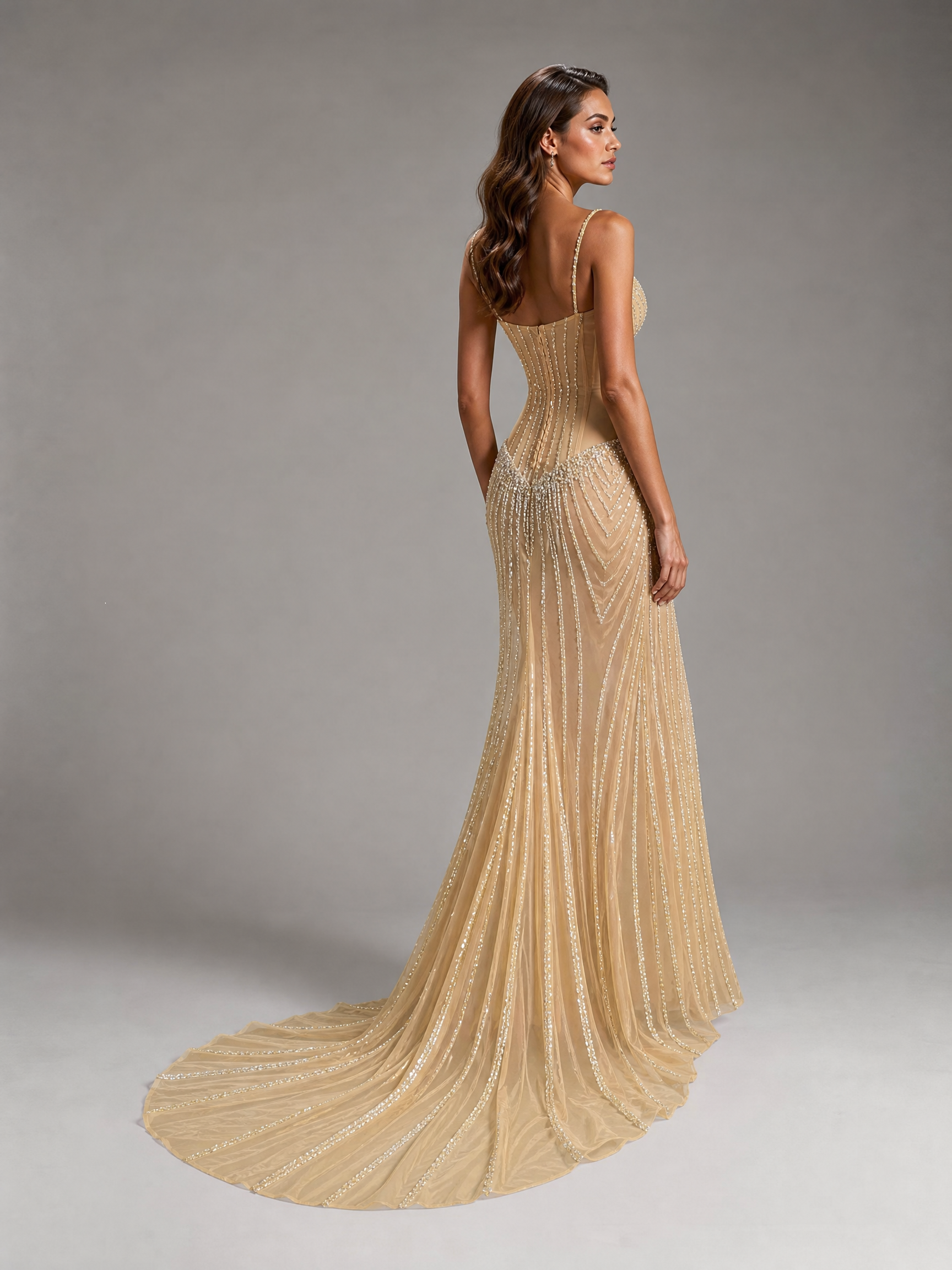 Ivory Crystal Evening Gown — three-quarter view (source SKU-078) — reviewed generated product image