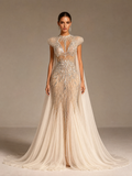 Ivory Crystal Feather-Shoulder Pageant Gown — front full-length hero view (source SKU-048) — reviewed generated product image