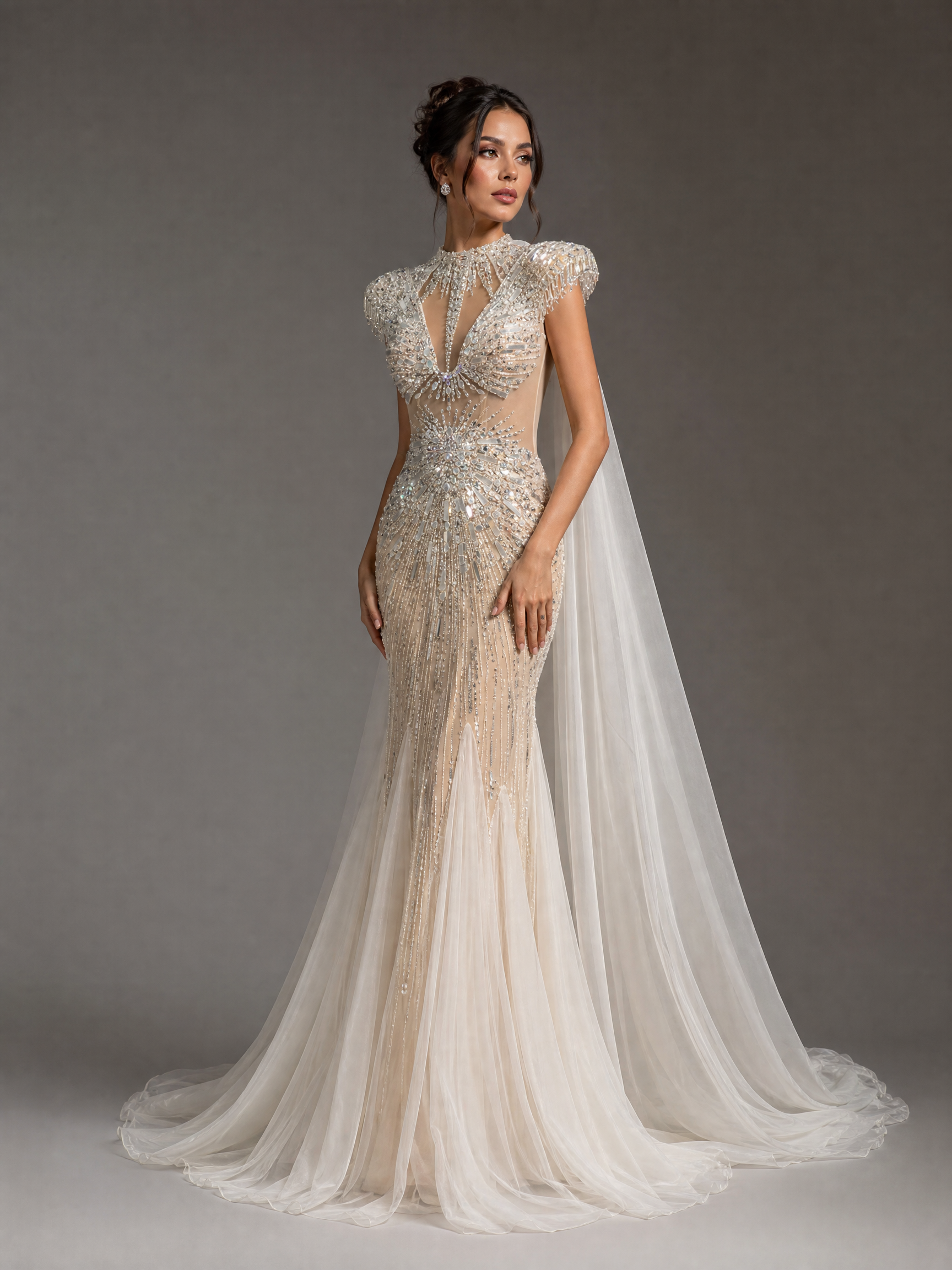 Ivory Crystal Feather-Shoulder Pageant Gown — three-quarter view (source SKU-048) — reviewed generated product image