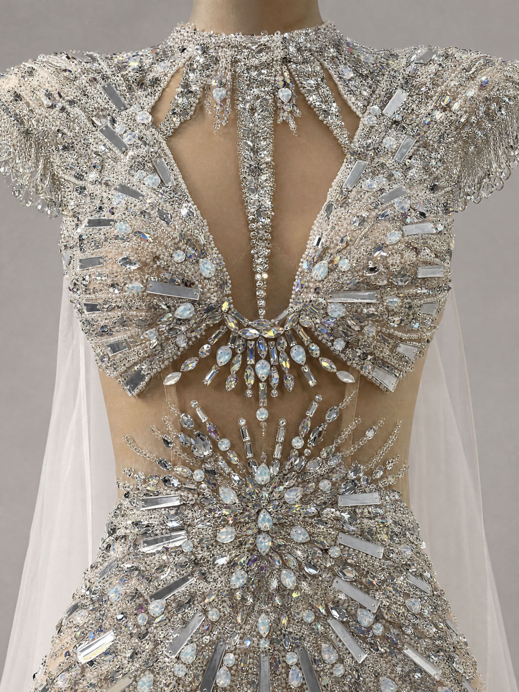 Ivory Crystal Feather-Shoulder Pageant Gown — side or back view (source SKU-048) — reviewed generated product image