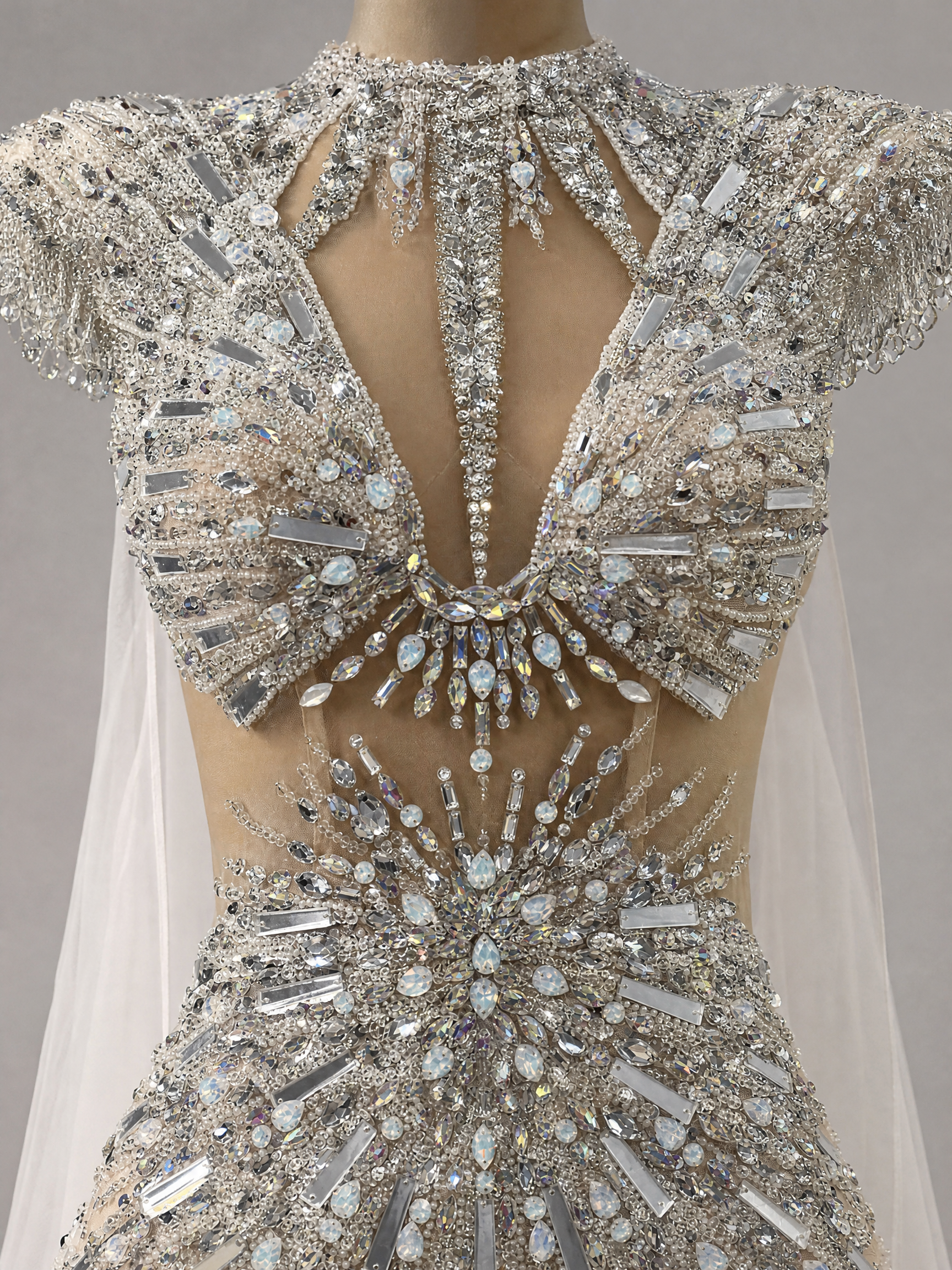 Ivory Crystal Feather-Shoulder Pageant Gown — side or back view (source SKU-048) — reviewed generated product image