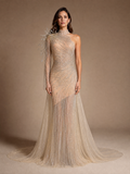 Ivory Mermaid Tulle Cape Evening Gown — front full-length hero view (source SKU-050) — reviewed generated product image