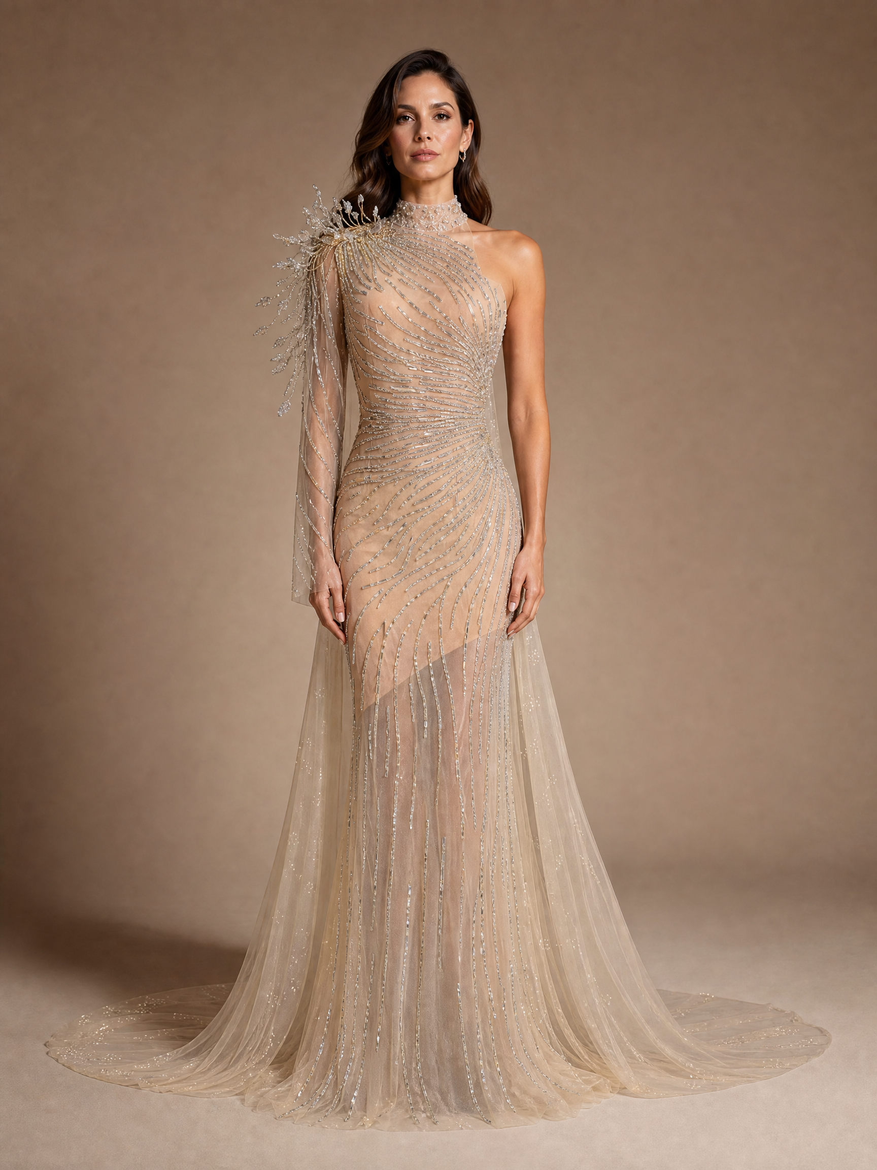 Ivory Mermaid Tulle Cape Evening Gown — front full-length hero view (source SKU-050) — reviewed generated product image