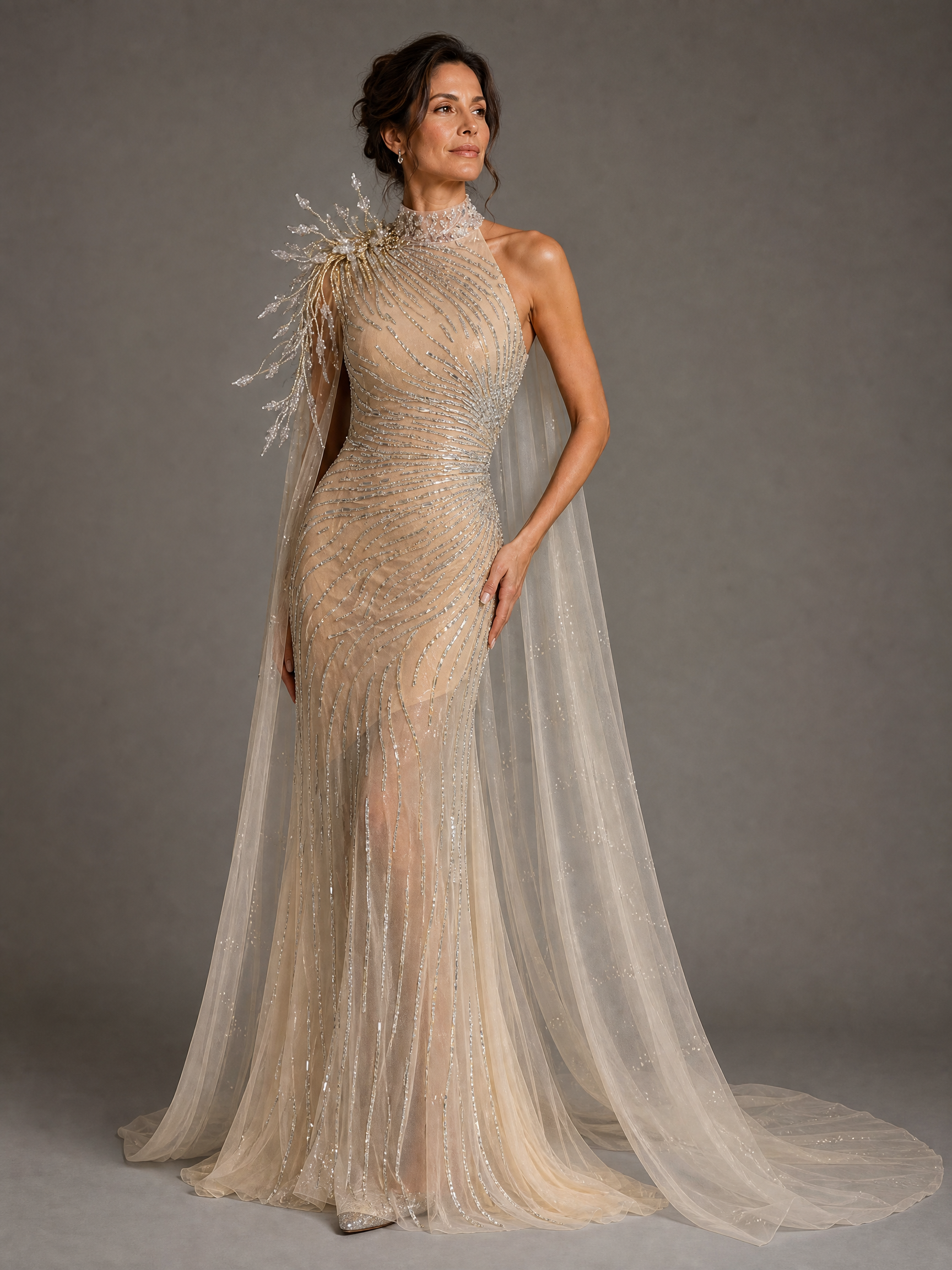 Ivory Mermaid Tulle Cape Evening Gown — three-quarter view (source SKU-050) — reviewed generated product image