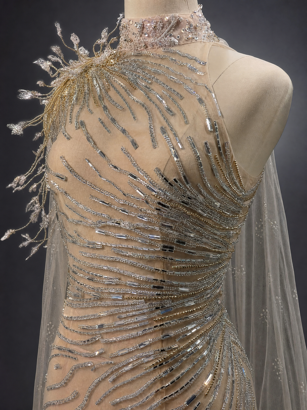 Ivory Mermaid Tulle Cape Evening Gown — side or back view (source SKU-050) — reviewed generated product image