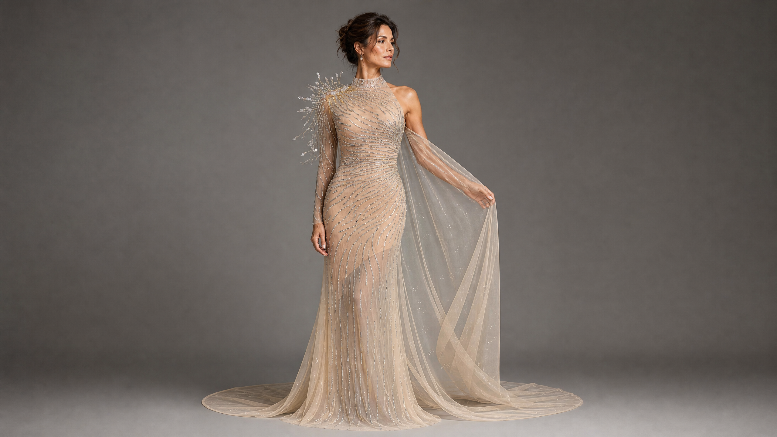 Ivory Mermaid Tulle Cape Evening Gown — couture detail view (source SKU-050) — reviewed generated product image