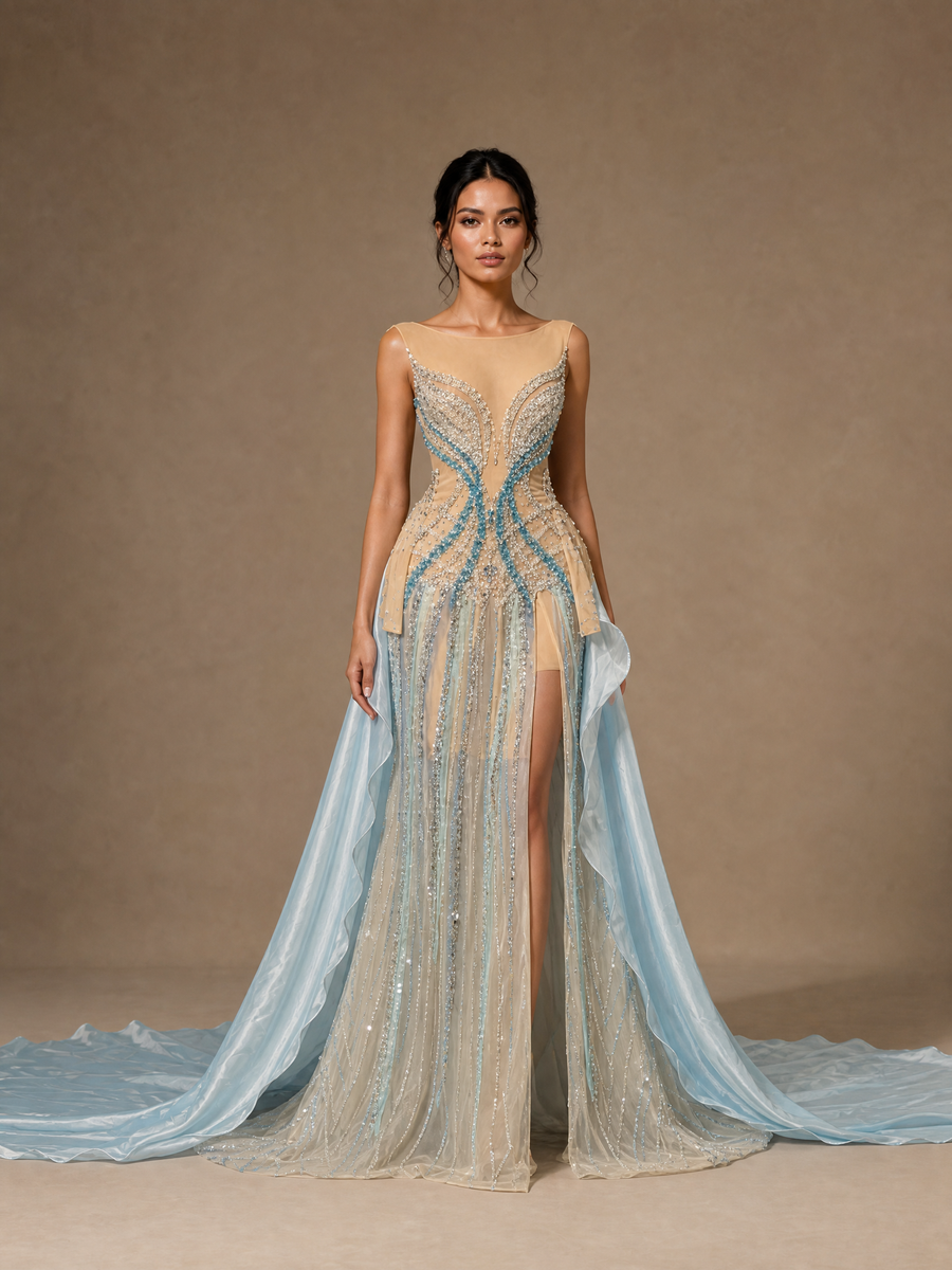 Ivory Train Linear Beadwork Pageant Gown