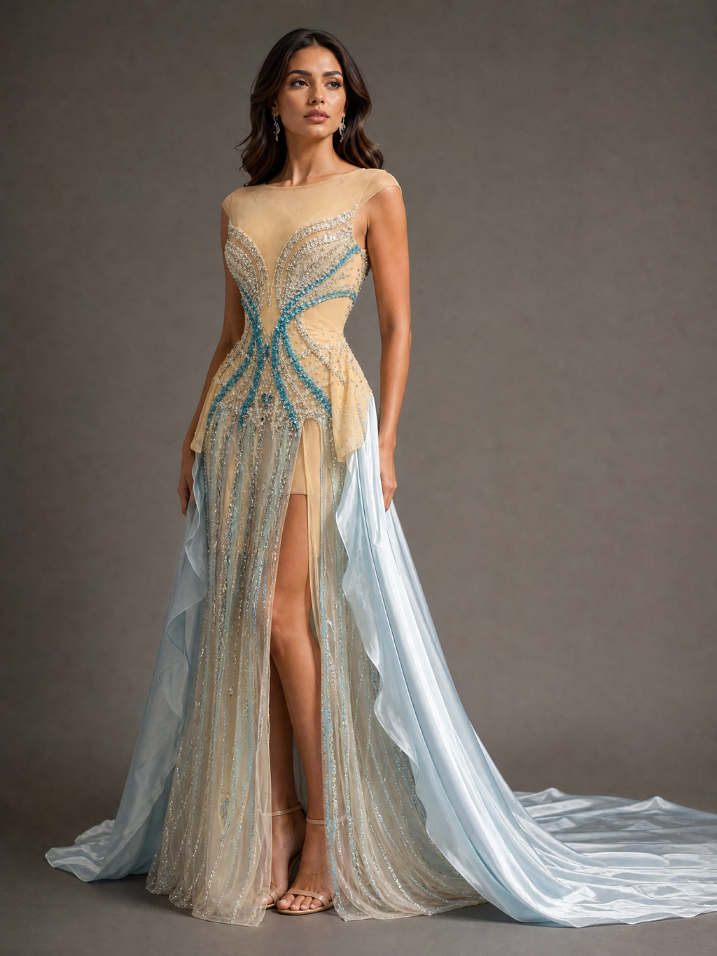 Ivory Train Linear Beadwork Pageant Gown — three-quarter view (source SKU-046) — reviewed generated product image