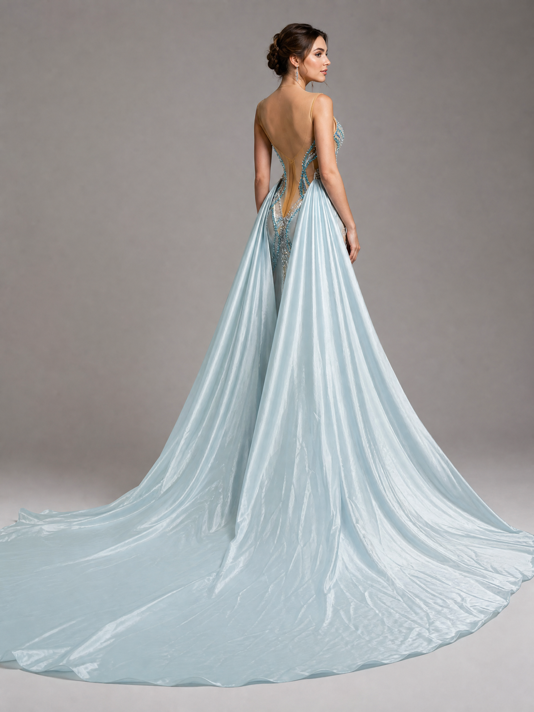 Ivory Train Linear Beadwork Pageant Gown — side or back view (source SKU-046) — reviewed generated product image