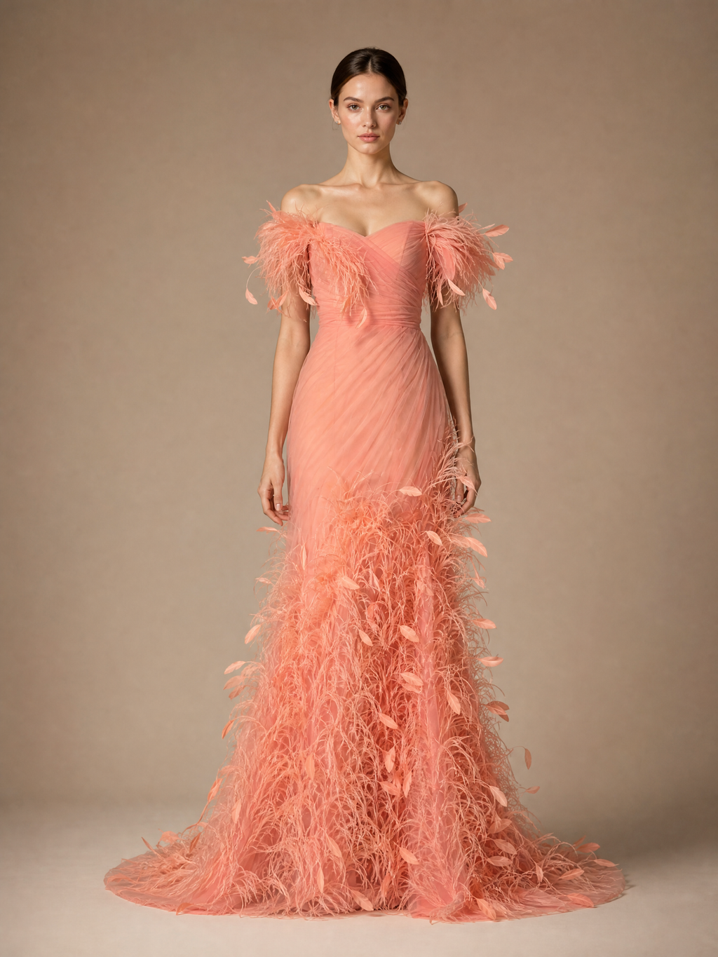 Peach Feather Evening Gown — front full-length hero view (source SKU-070) — reviewed generated product image