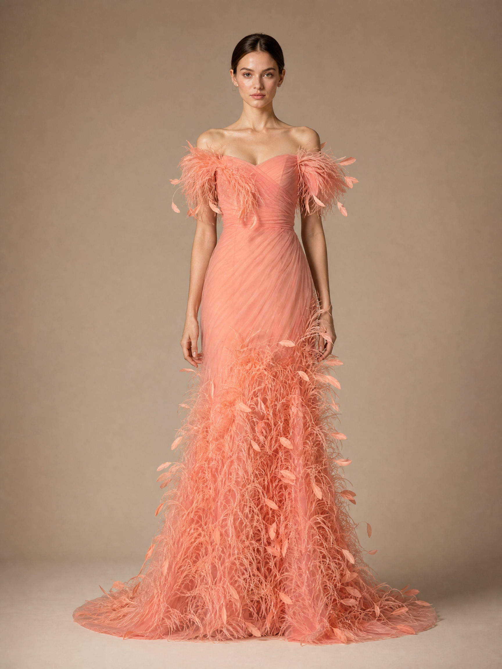 Peach Feather Evening Gown — front full-length hero view (source SKU-070) — reviewed generated product image