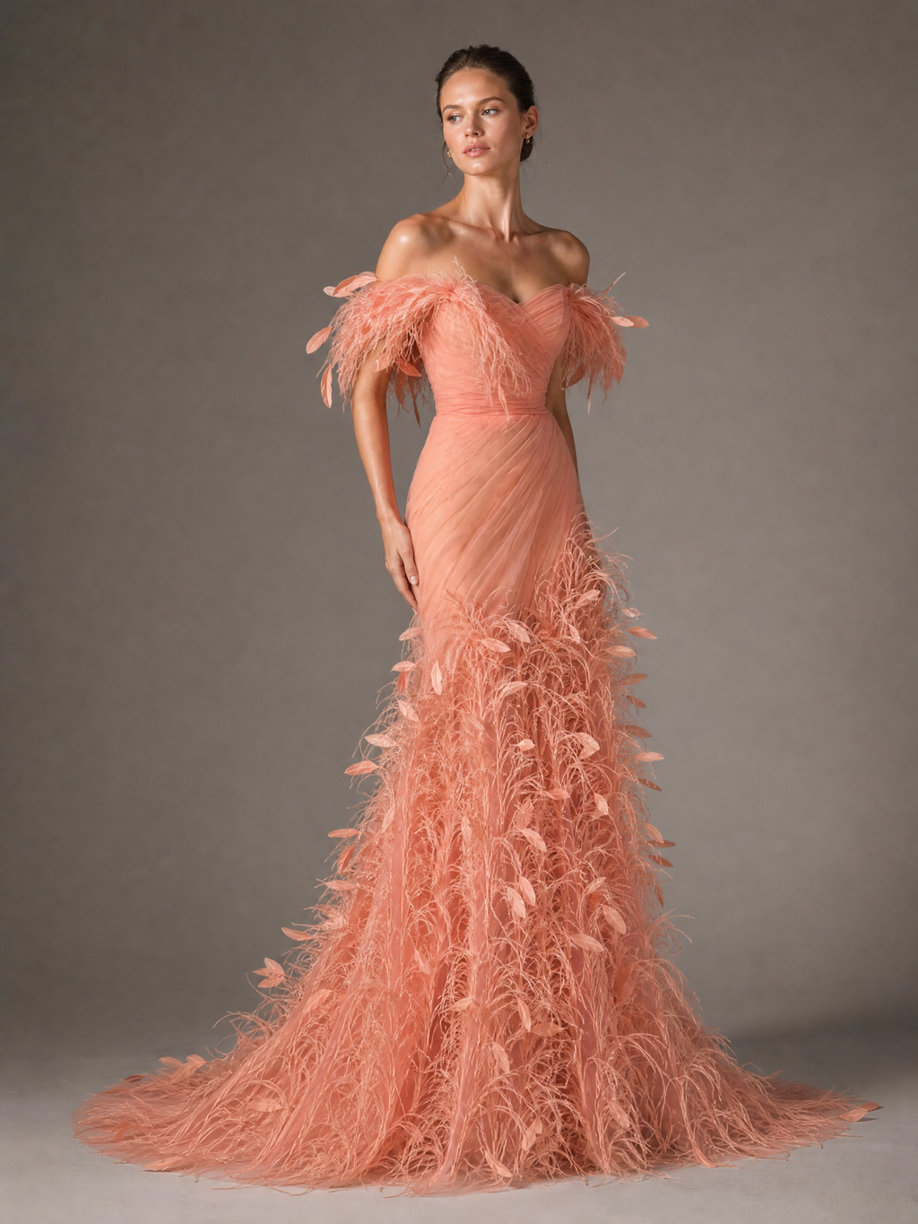Peach Feather Evening Gown — three-quarter view (source SKU-070) — reviewed generated product image