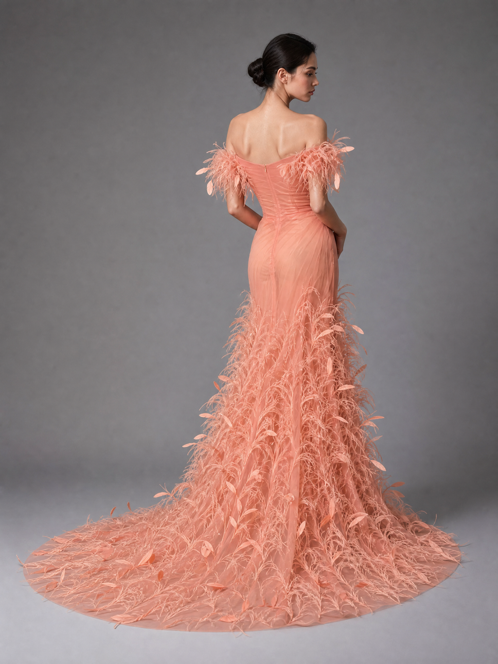 Peach Feather Evening Gown — side or back view (source SKU-070) — reviewed generated product image