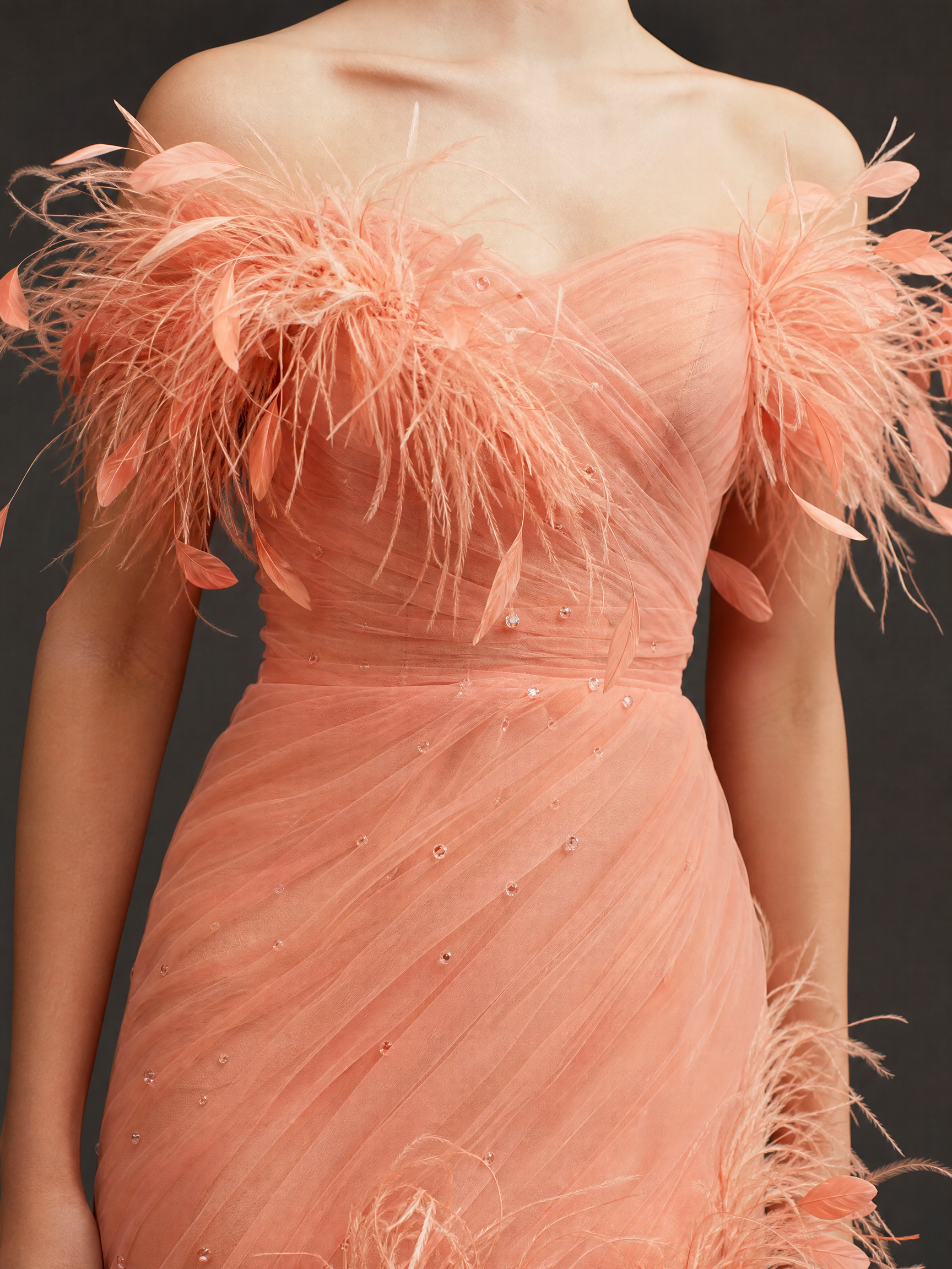 Peach Feather Evening Gown — couture detail view (source SKU-070) — reviewed generated product image
