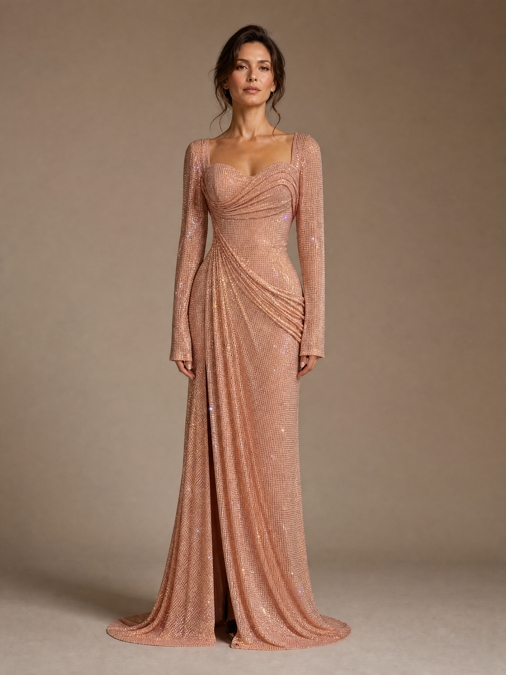 Peach Statement Evening Gown — front full-length hero view (source SKU-077) — reviewed generated product image