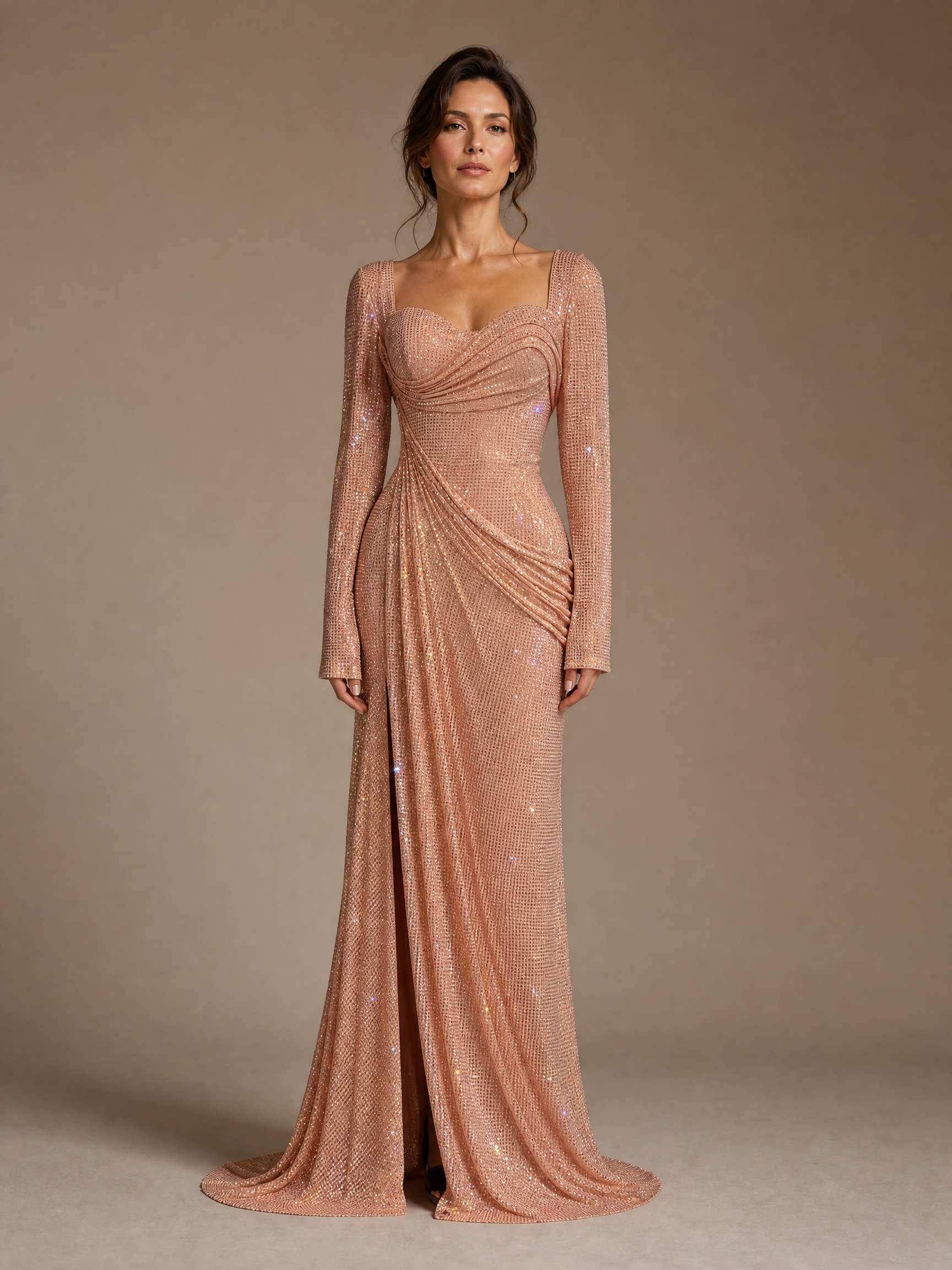 Peach Statement Evening Gown — front full-length hero view (source SKU-077) — reviewed generated product image