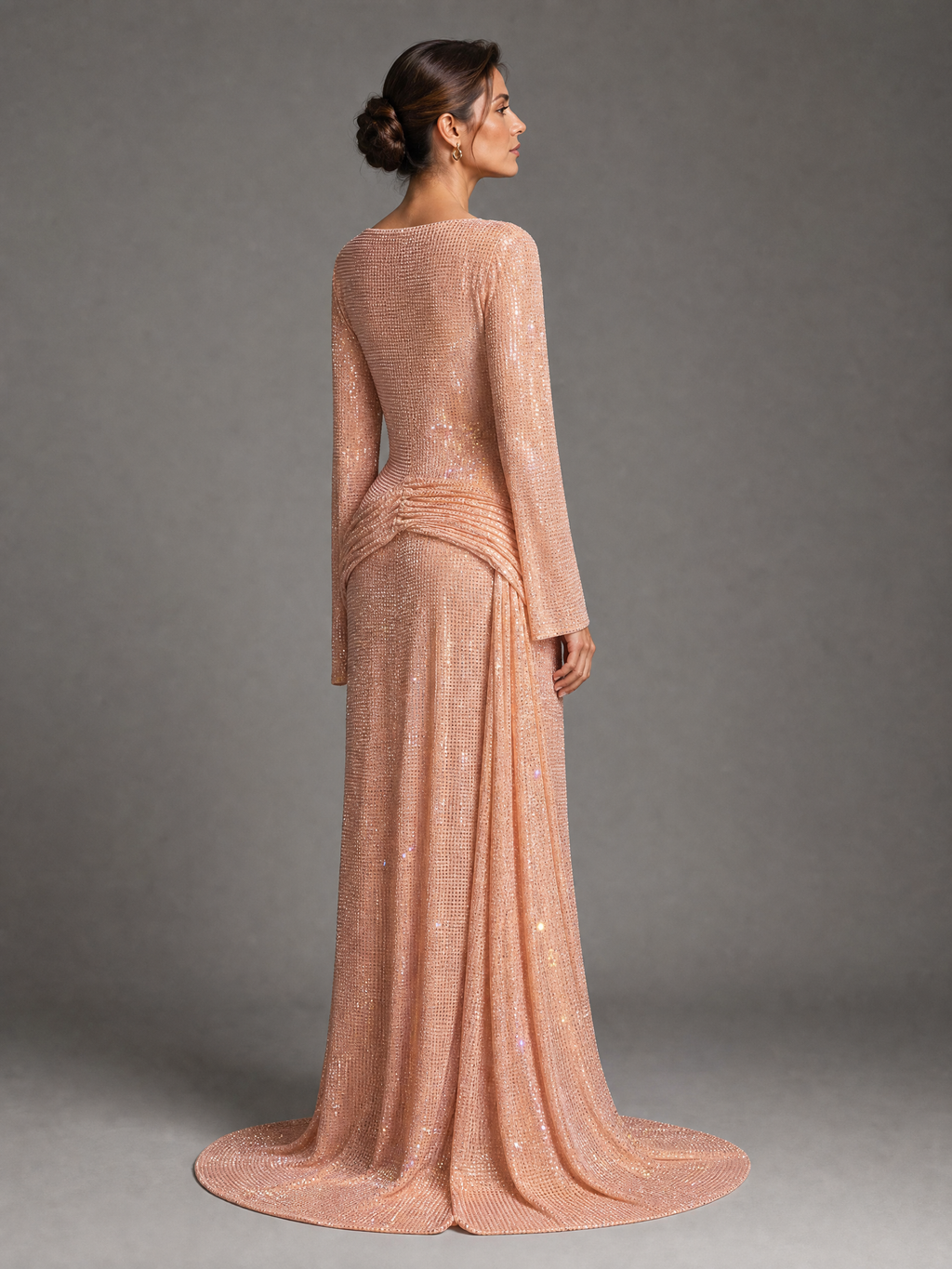 Peach Statement Evening Gown — side or back view (source SKU-077) — reviewed generated product image