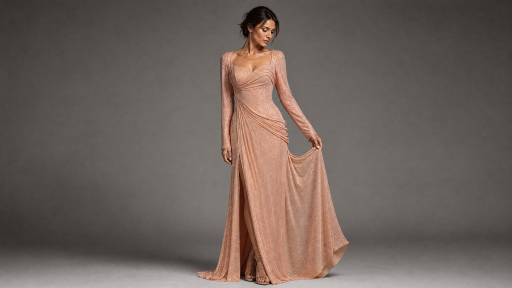 Peach Statement Evening Gown — hem and train detail view (source SKU-077) — reviewed generated product image