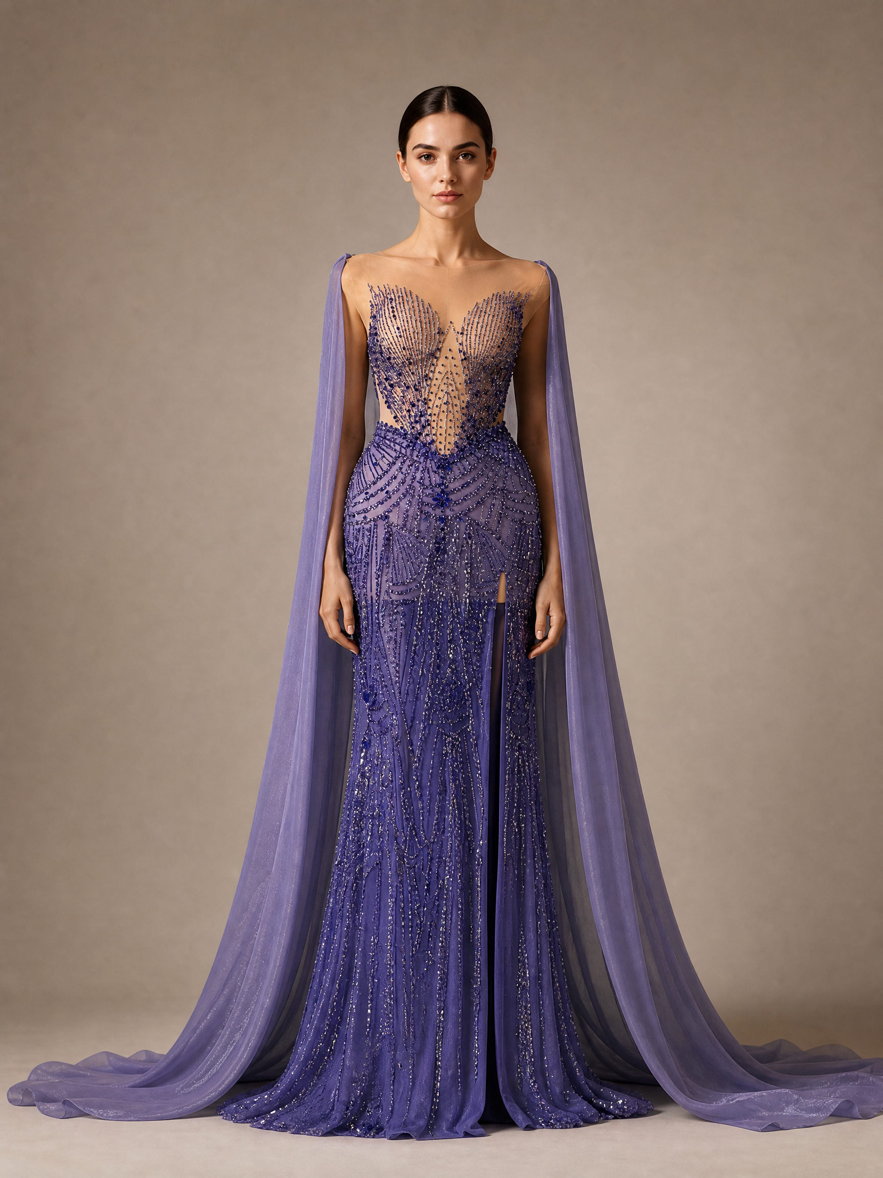 Purple and Blue Crystal Evening Gown — front full-length hero view (source SKU-079) — reviewed generated product image