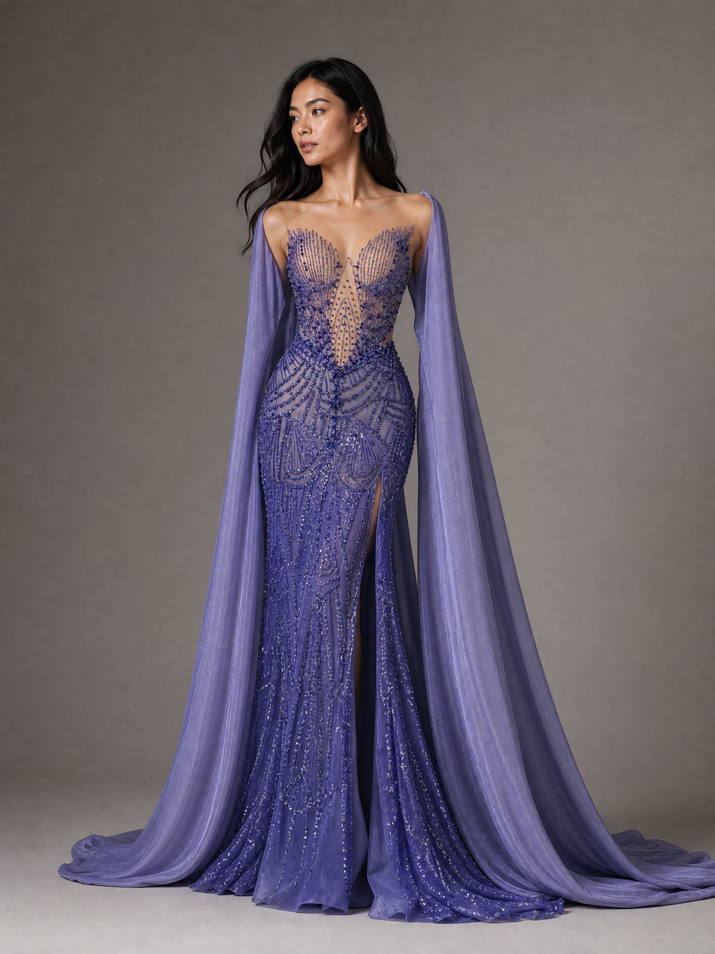 Purple and Blue Crystal Evening Gown — three-quarter view (source SKU-079) — reviewed generated product image