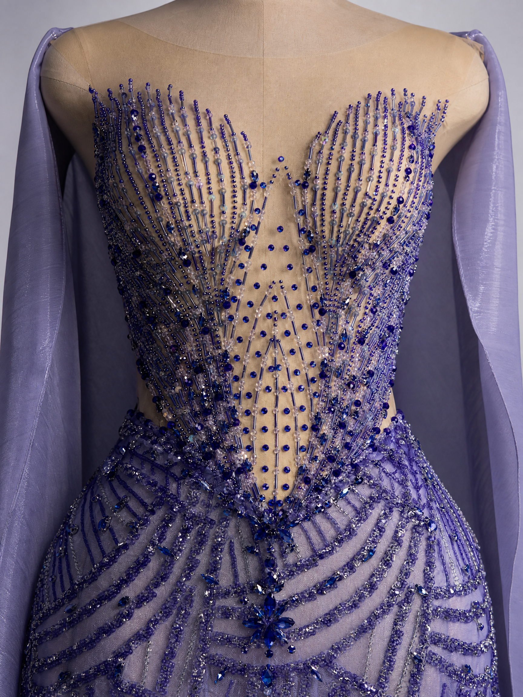 Purple and Blue Crystal Evening Gown — couture detail view (source SKU-079) — reviewed generated product image