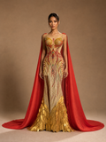 Red and Gold Crystal Cape Evening Gown — front full-length view (SKU-038) — reviewed generated product image
