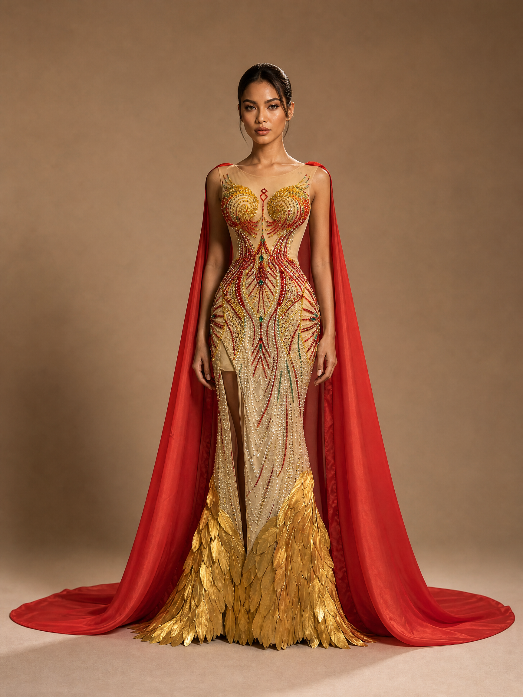 Red and Gold Crystal Cape Evening Gown — front full-length view (SKU-038) — reviewed generated product image