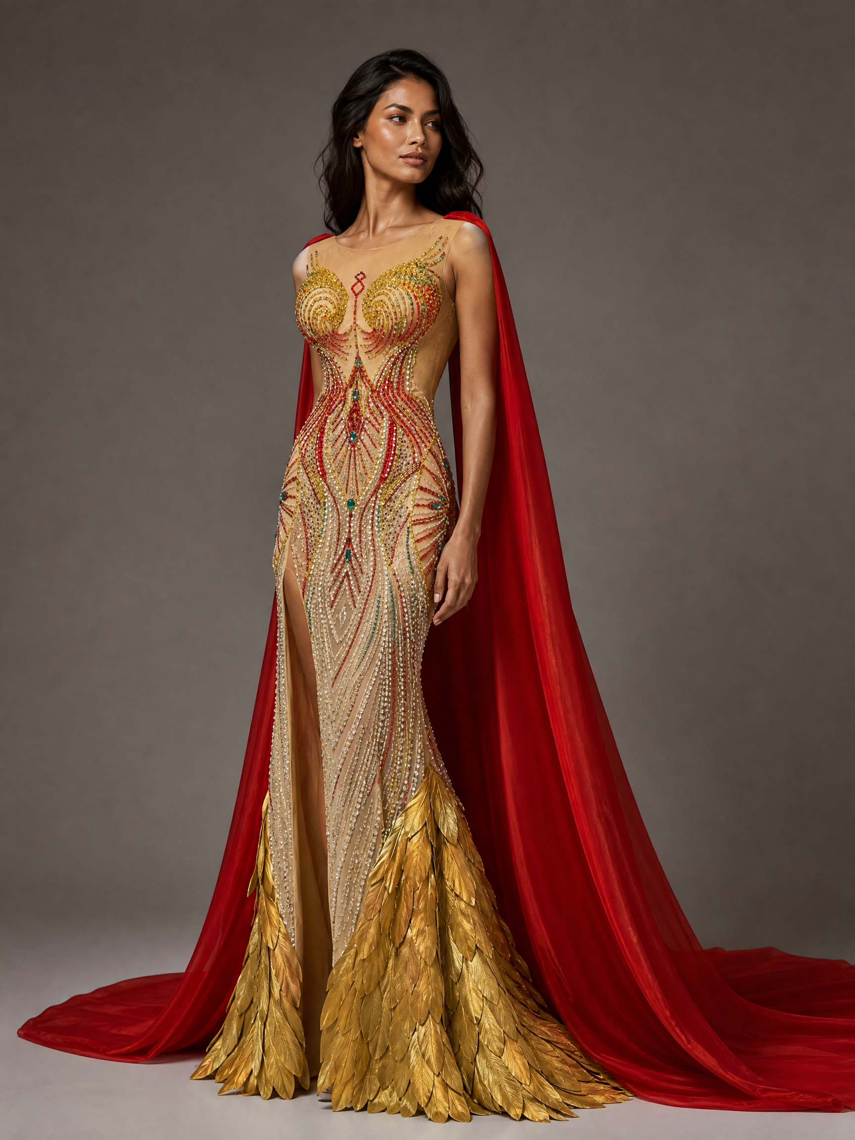 Red and Gold Crystal Cape Evening Gown — three-quarter view (SKU-038) — reviewed generated product image