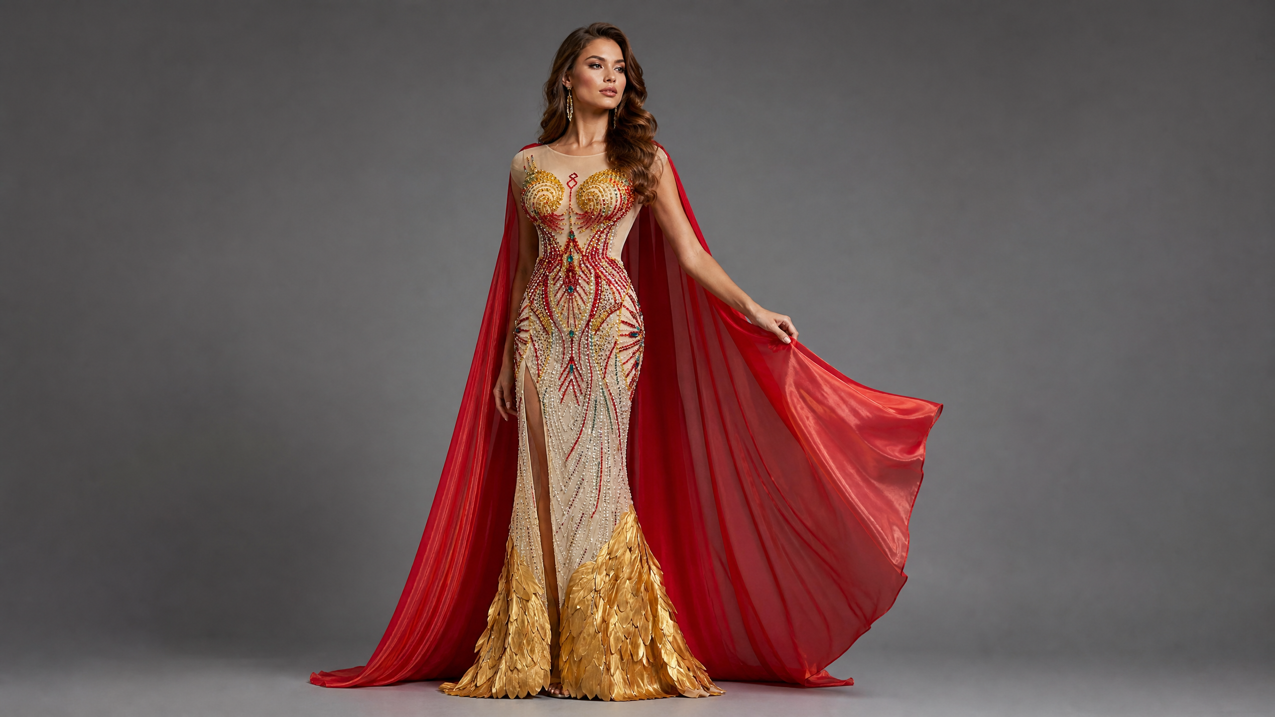 Red and Gold Crystal Cape Evening Gown — hem and train detail view (SKU-038) — reviewed generated product image