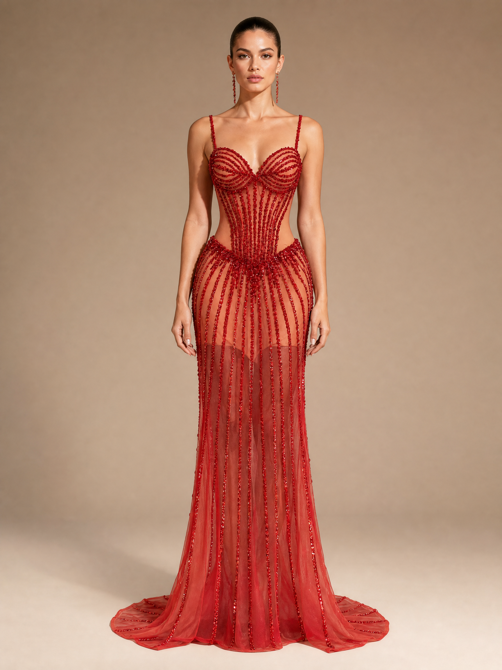 Red Beaded Pageant Gown — front full-length hero view (source SKU-044) — reviewed generated product image