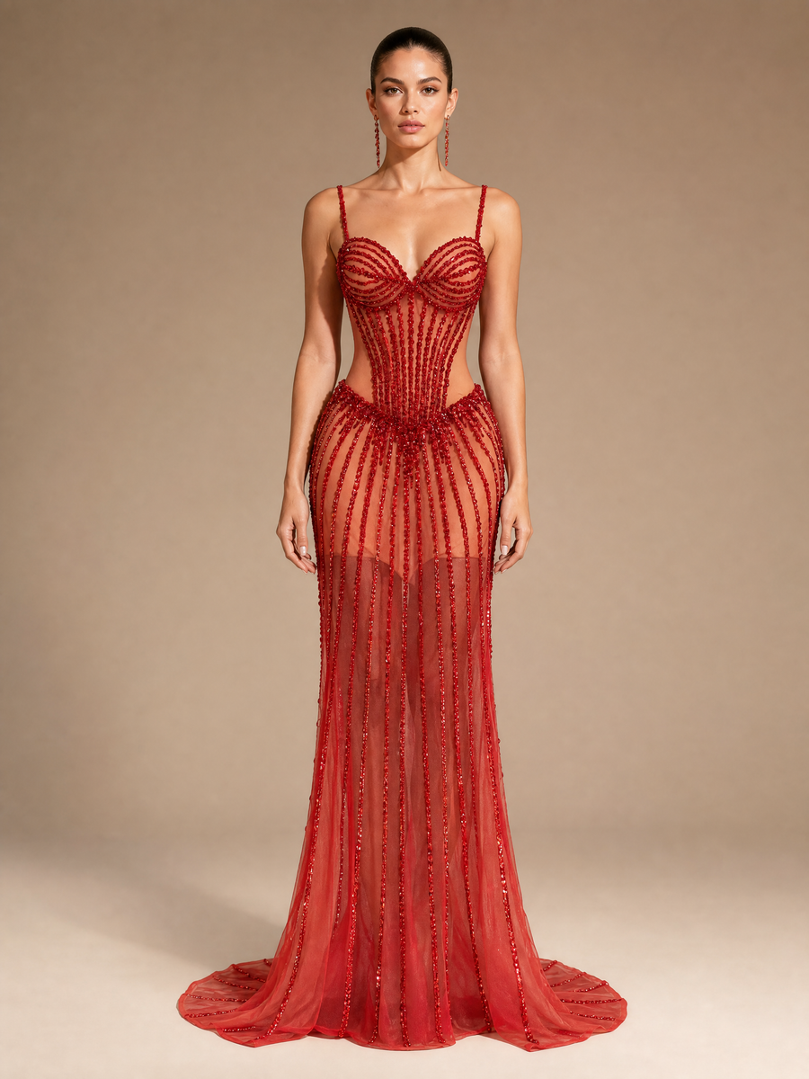 Red Beaded Pageant Gown