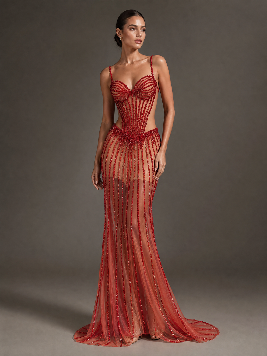 Red Beaded Pageant Gown — three-quarter view (source SKU-044) — reviewed generated product image