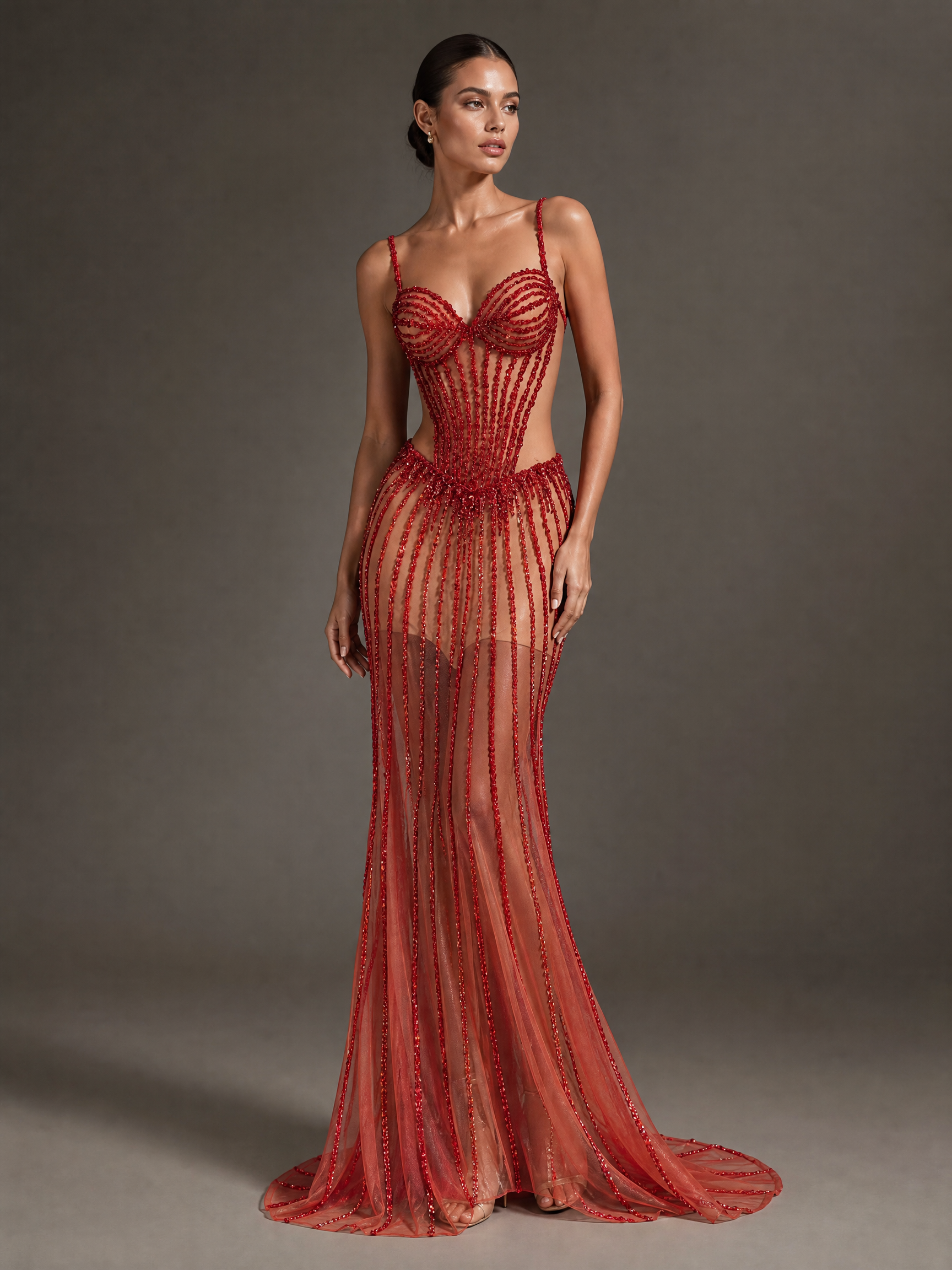 Red Beaded Pageant Gown — three-quarter view (source SKU-044) — reviewed generated product image