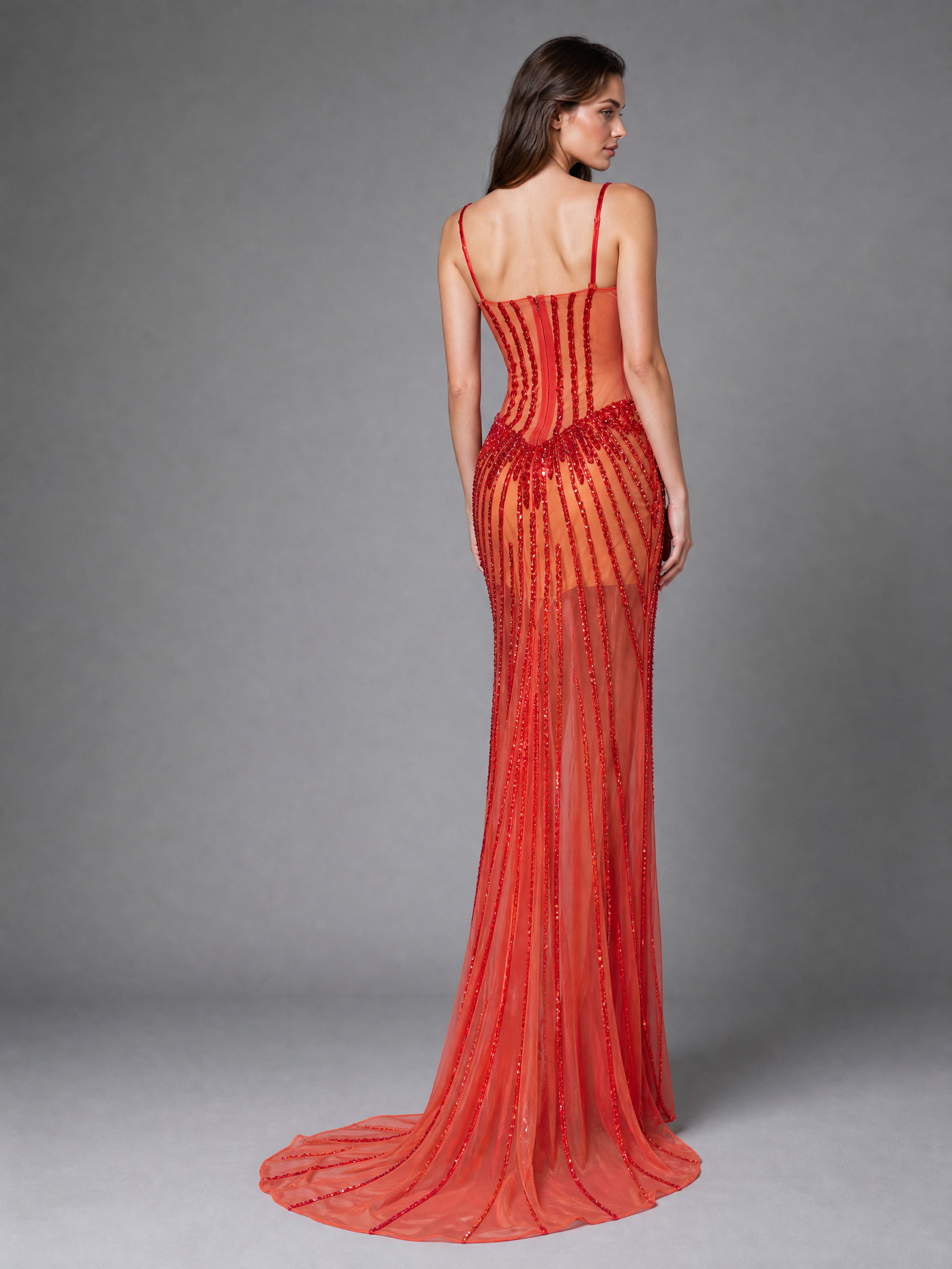 Red Beaded Pageant Gown — side or back view (source SKU-044) — reviewed generated product image