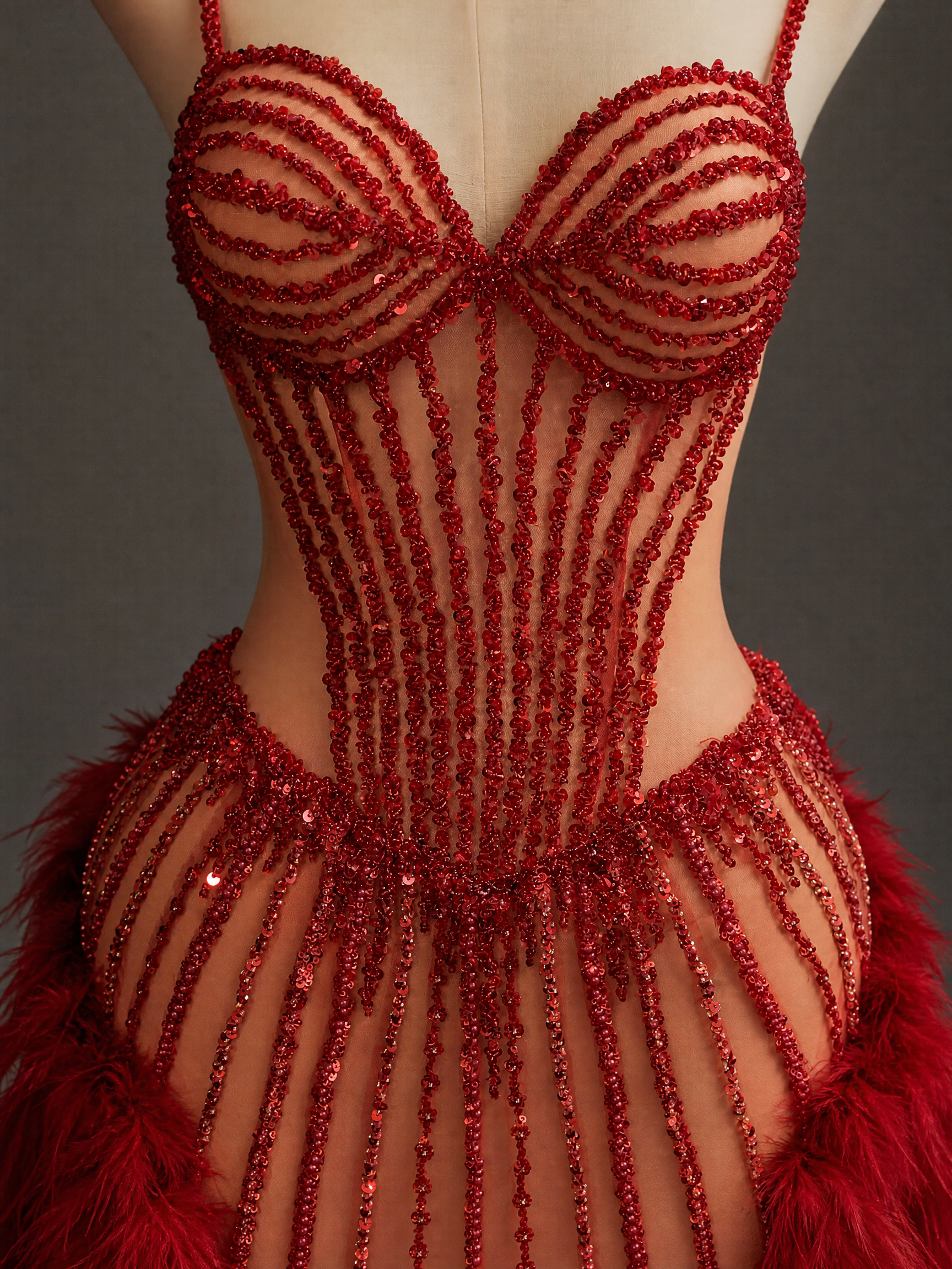 Red Beaded Pageant Gown — couture detail view (source SKU-044) — reviewed generated product image