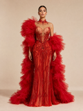 Red Couture Pageant Gown — front full-length hero view (source SKU-047) — reviewed generated product image