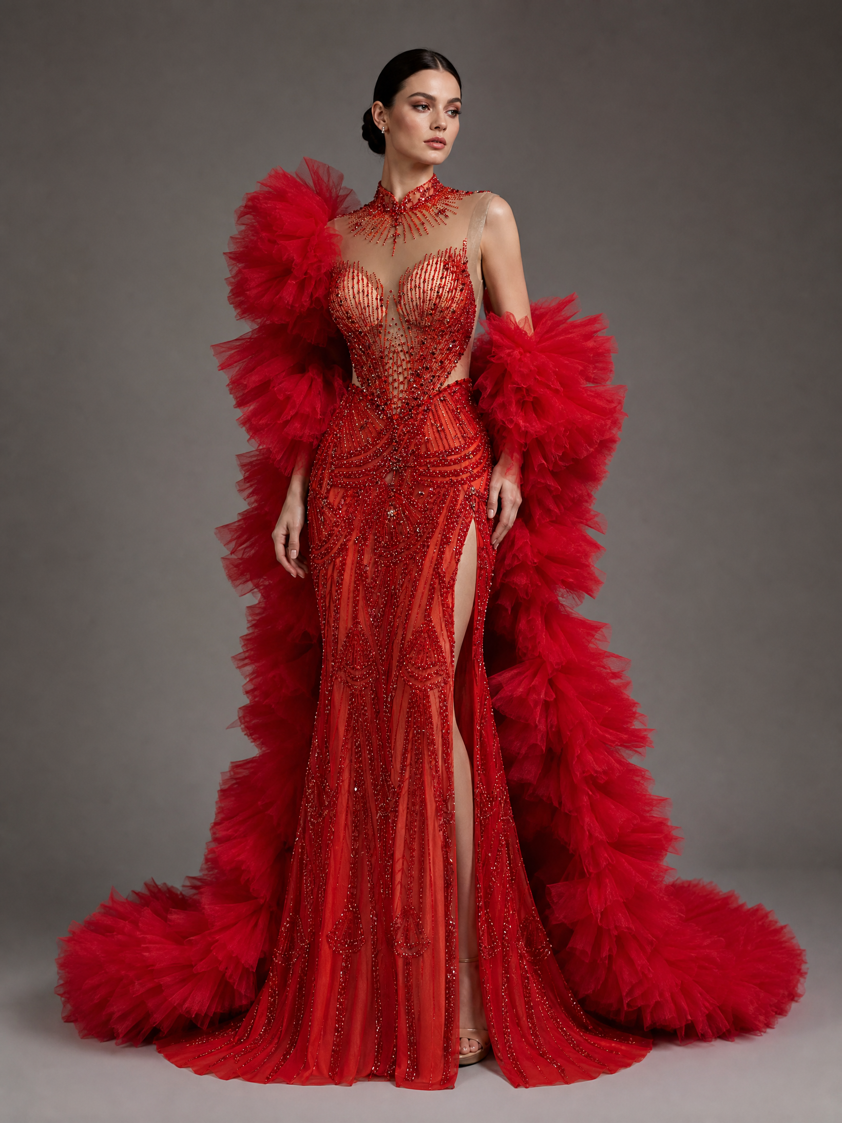 Red Couture Pageant Gown — three-quarter view (source SKU-047) — reviewed generated product image