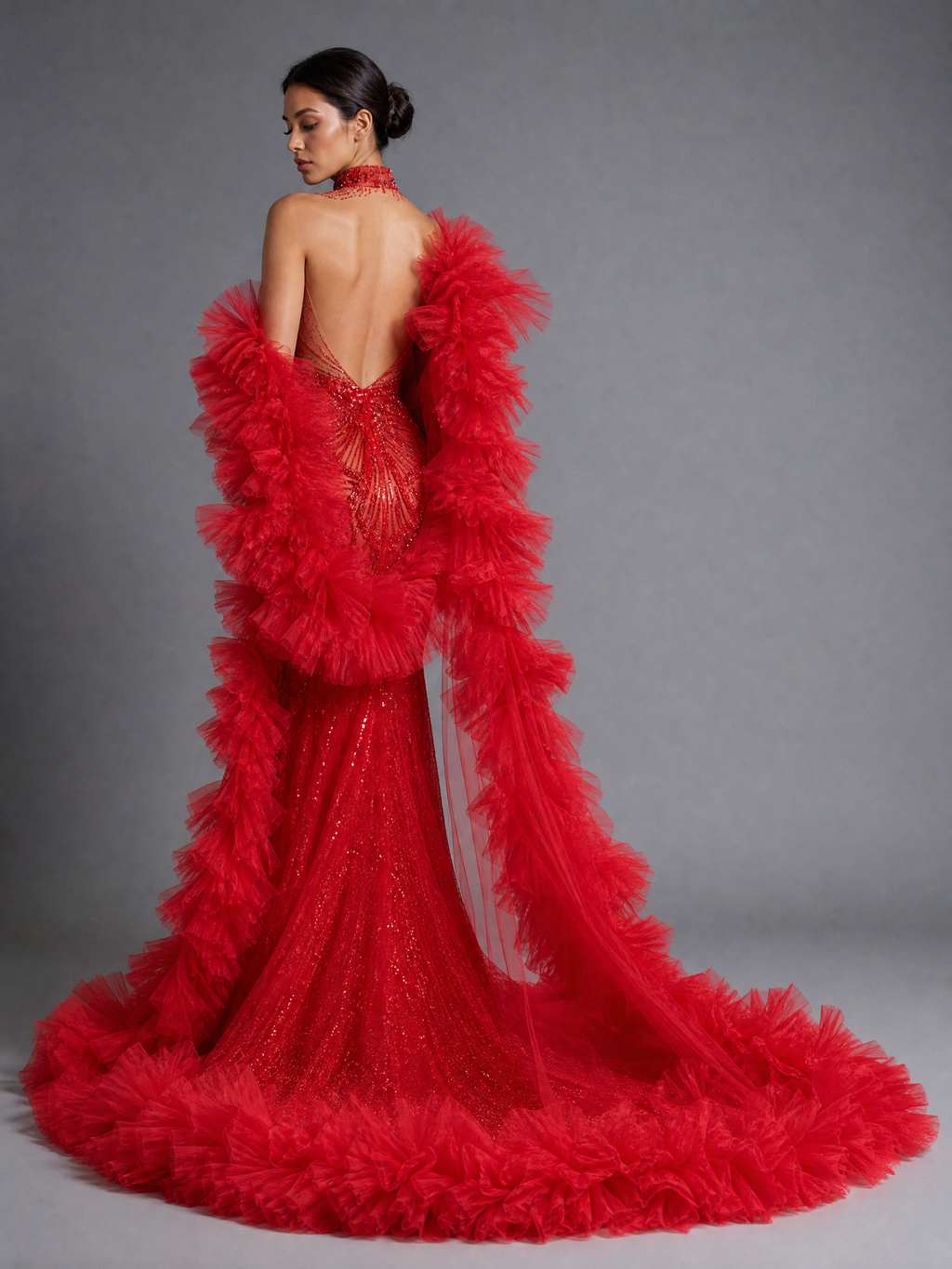 Red Couture Pageant Gown — side or back view (source SKU-047) — reviewed generated product image