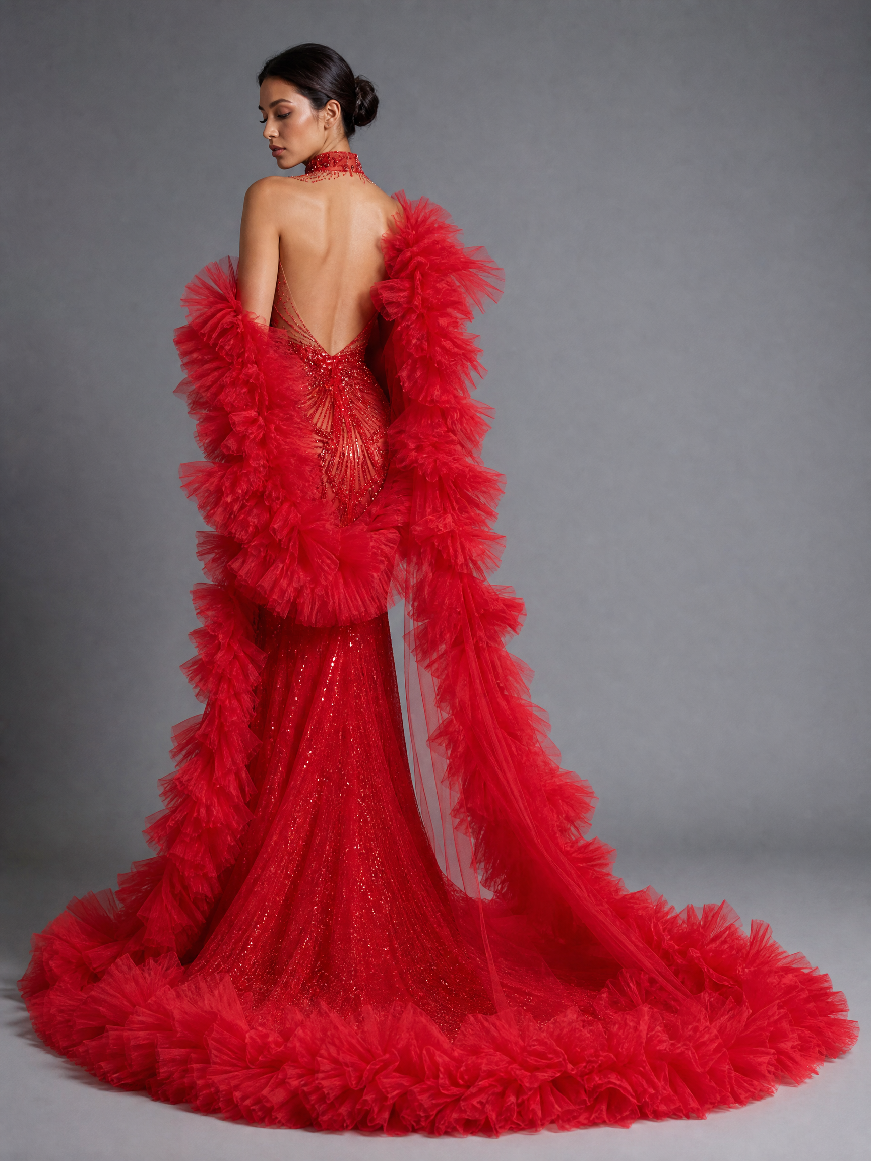 Red Couture Pageant Gown — side or back view (source SKU-047) — reviewed generated product image