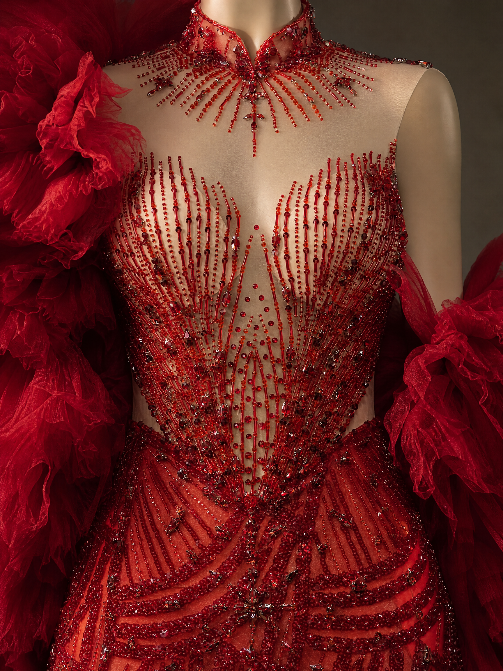 Red Couture Pageant Gown — couture detail view (source SKU-047) — reviewed generated product image